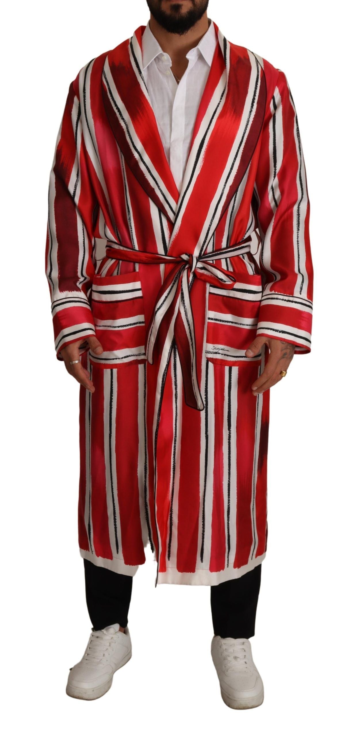 Dolce &amp; Gabbana Red White Striped Silk Mens Night Gown Robe