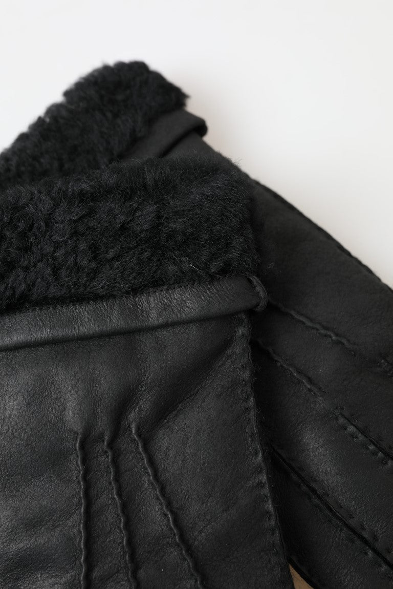 Dolce &amp; Gabbana Black Leather Fur Short Hands Mitten Men Gloves