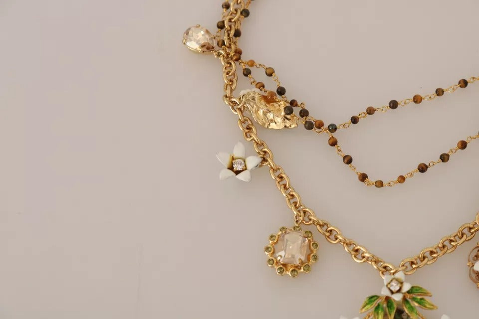 Dolce &amp; Gabbana Gold Brass Crystal Floral Statement Charms Necklace