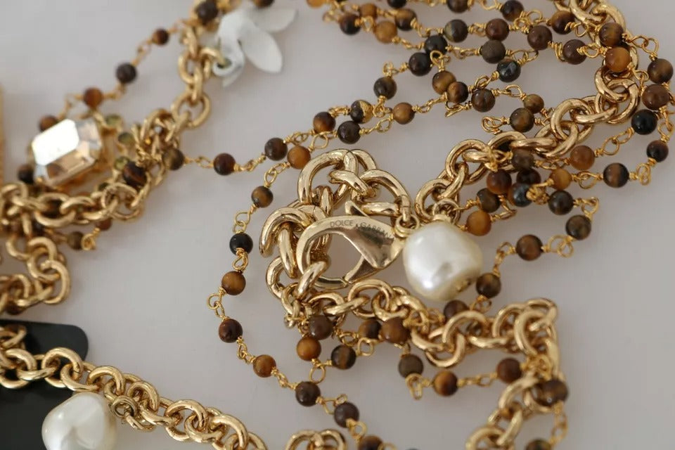 Dolce &amp; Gabbana Gold Brass Crystal Floral Statement Charms Necklace