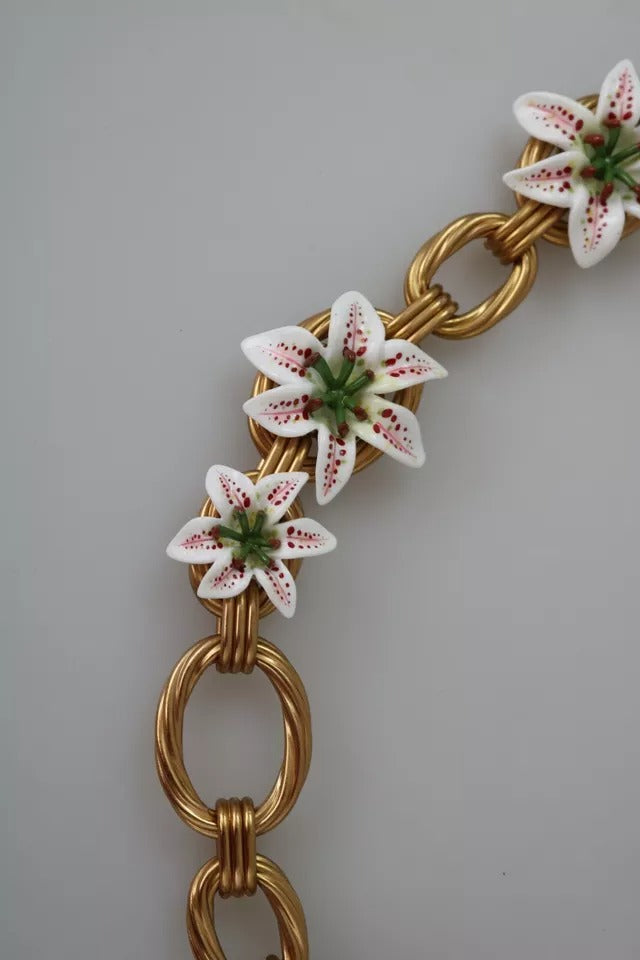Dolce &amp; Gabbana Gold Brass Oversize Chain LILY Flowers Necklace
