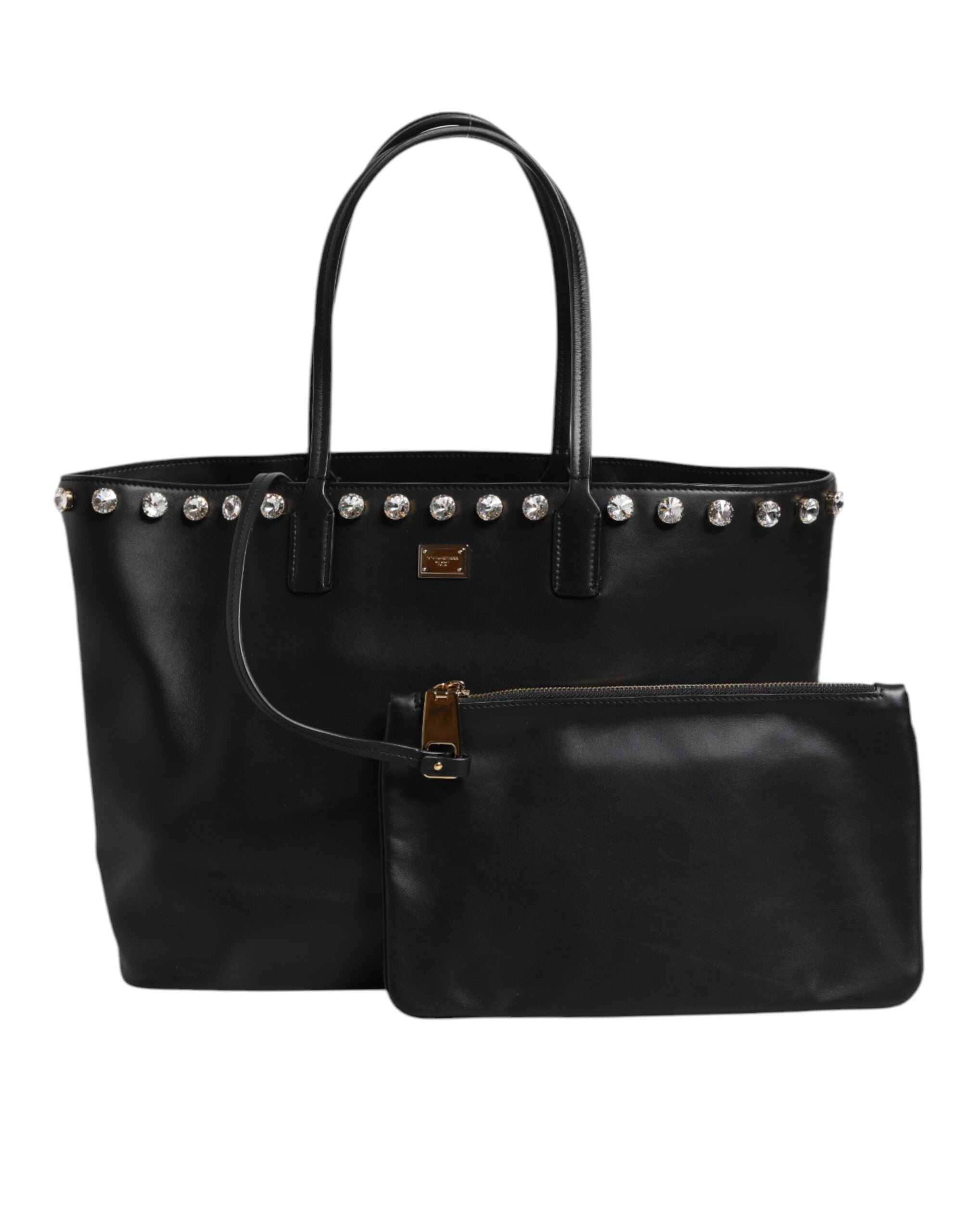 Dolce &amp; Gabbana Black Crystal Leather Shopping Women Tote Bag
