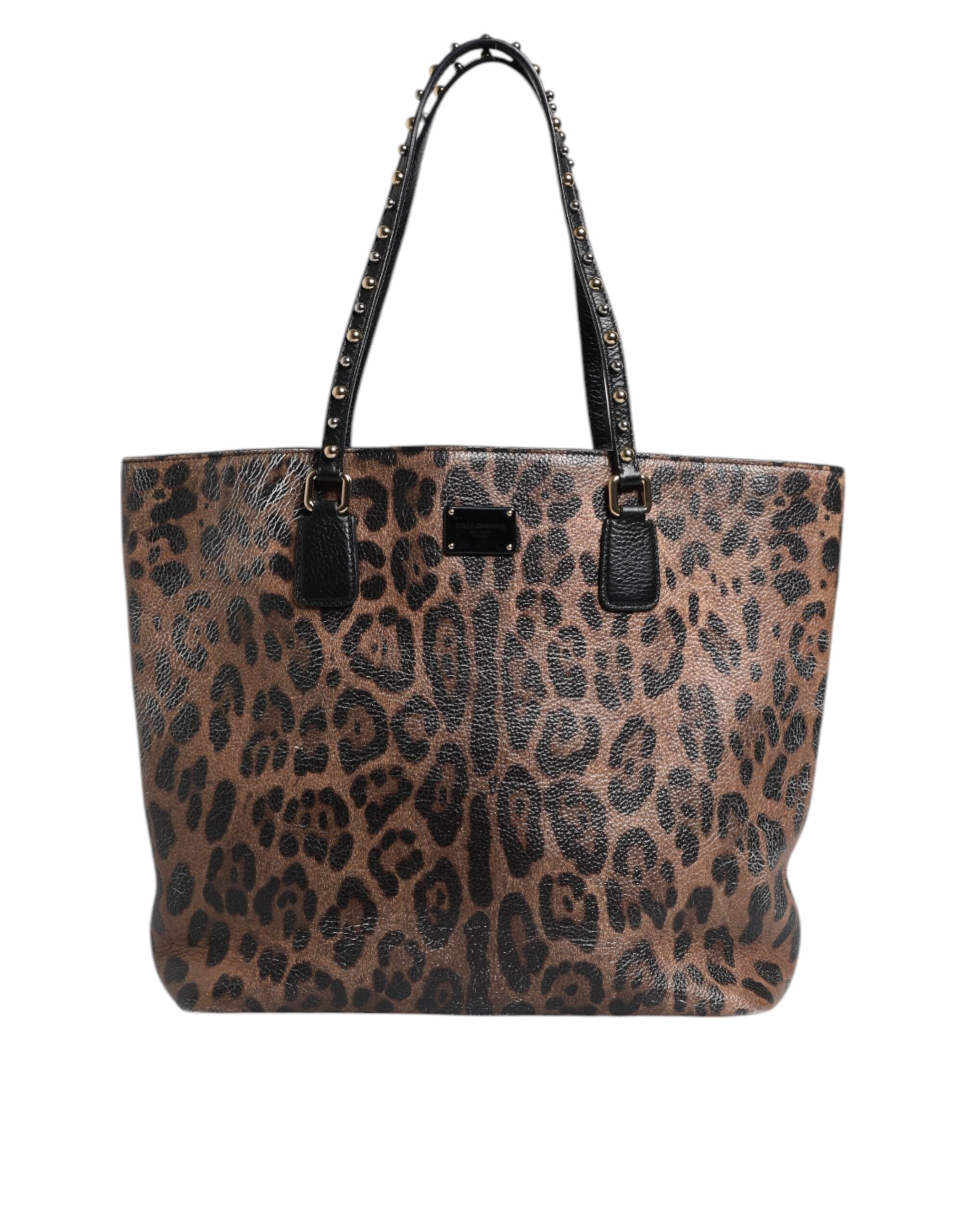 Dolce &amp; Gabbana Brown Black Calfskin Leopard Print Shoulder Tote Bag