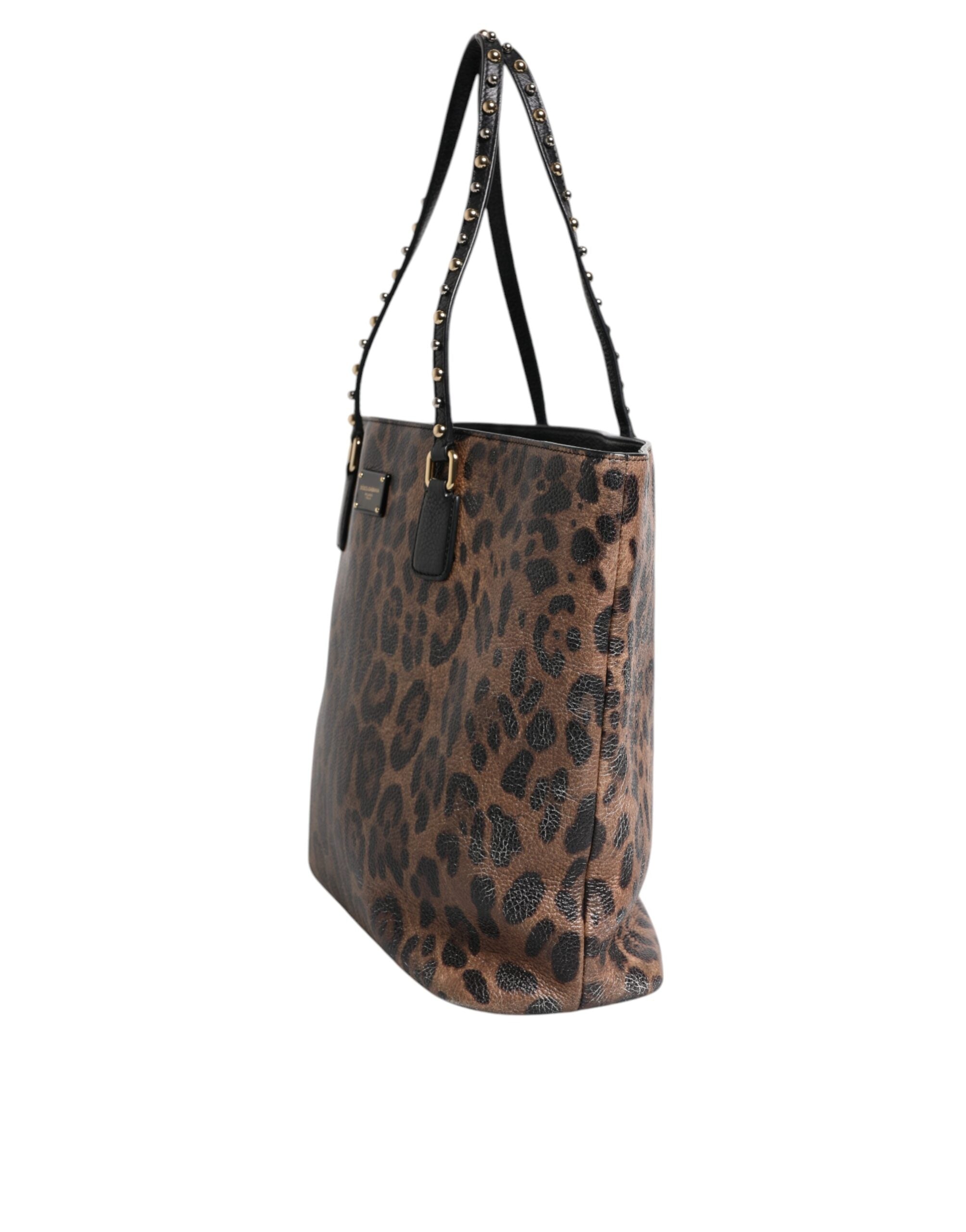 Dolce &amp; Gabbana Brown Black Calfskin Leopard Print Shoulder Tote Bag