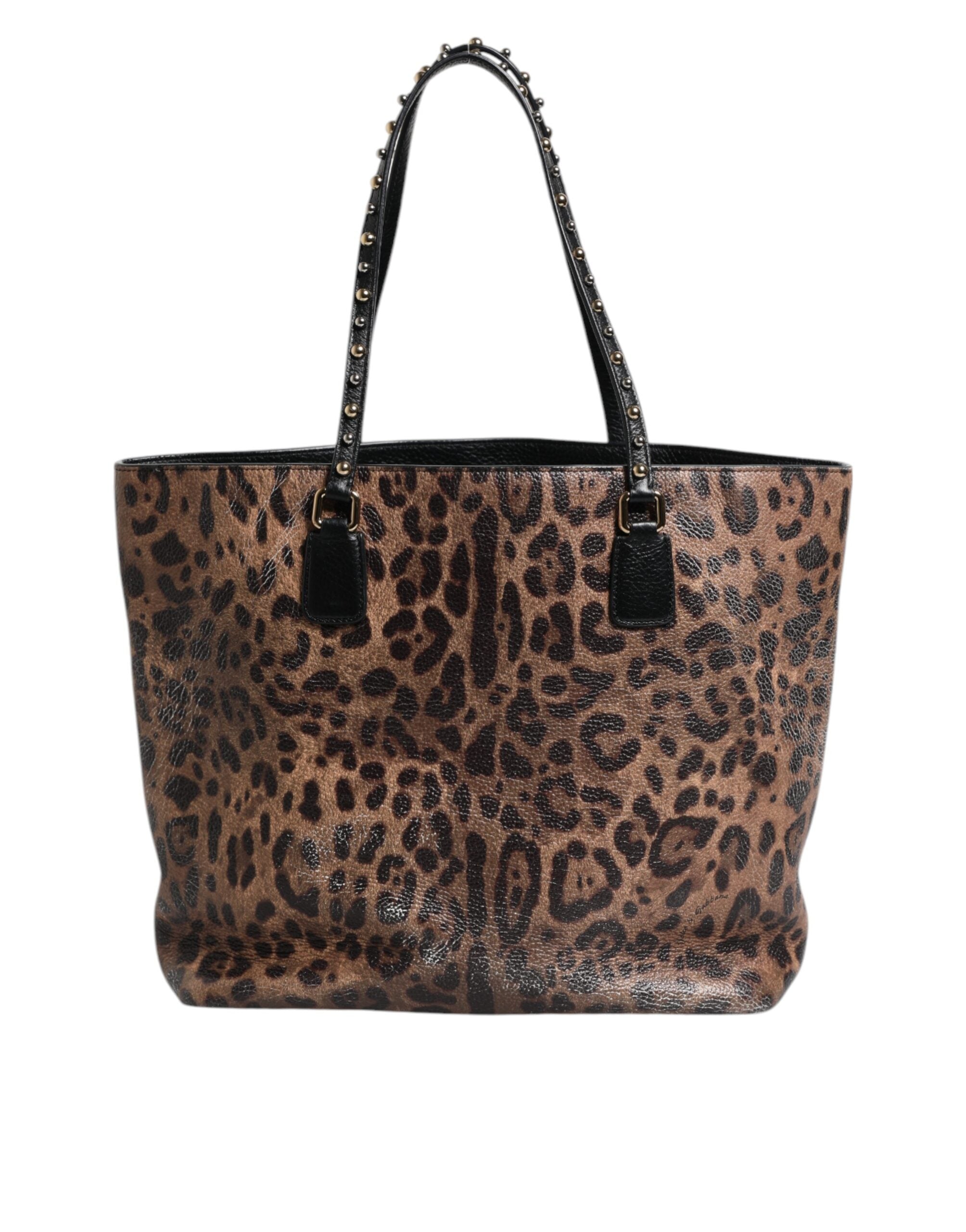 Dolce &amp; Gabbana Brown Black Calfskin Leopard Print Shoulder Tote Bag