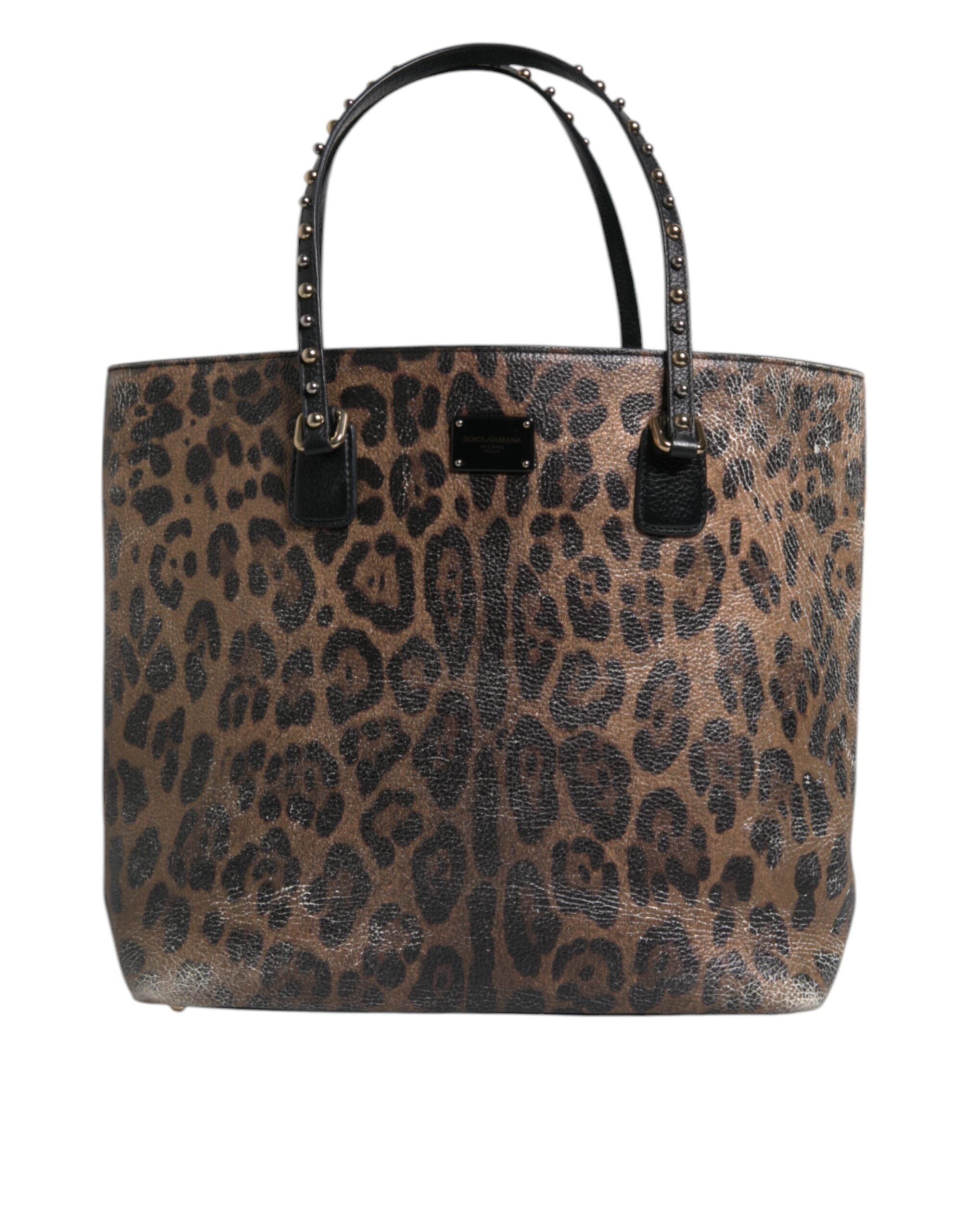 Dolce &amp; Gabbana Brown Black Calfskin Leopard Print Shoulder Tote Bag