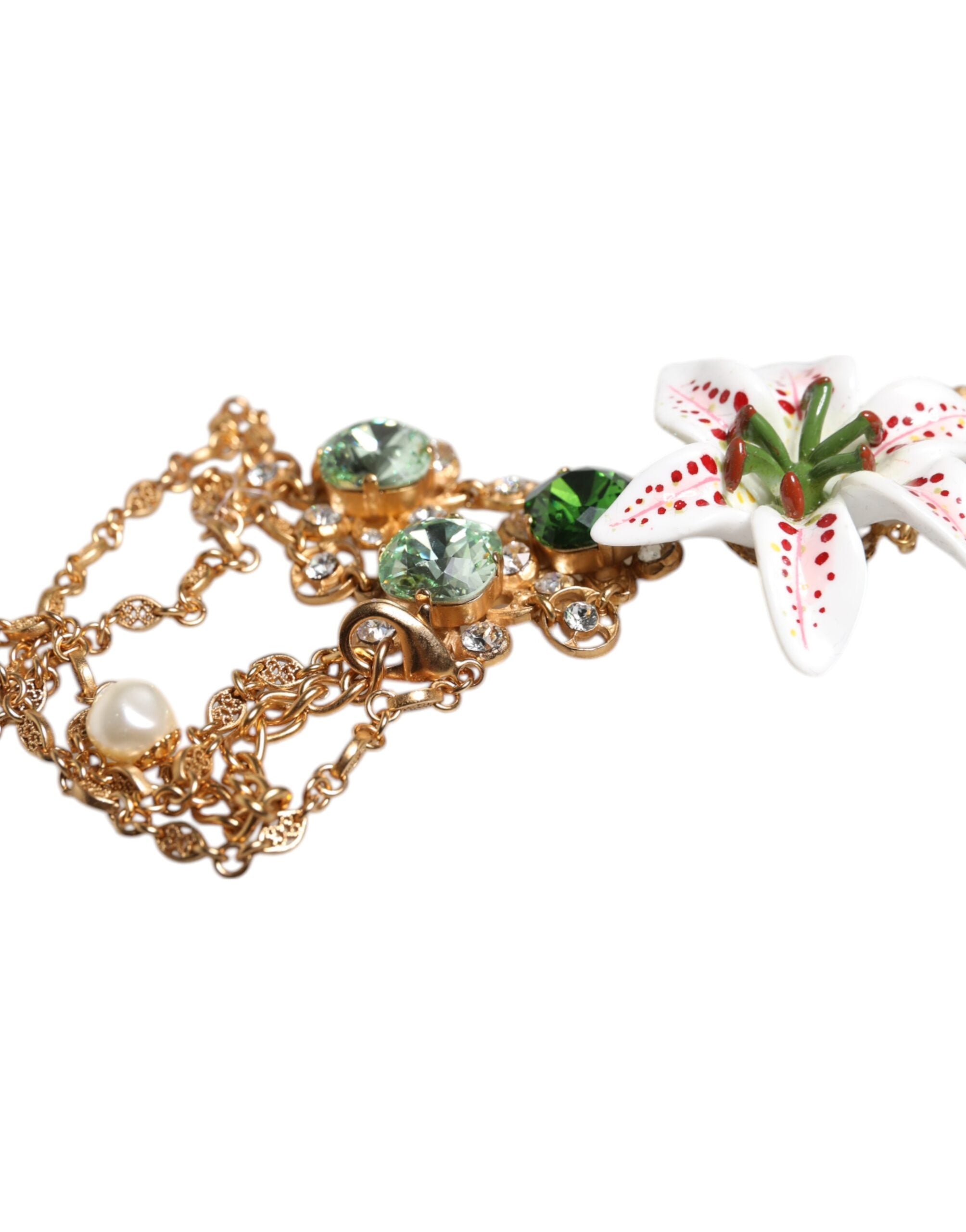 Dolce &amp; Gabbana Gold Brass Lily Crystal Sacred Heart Pendant Necklace