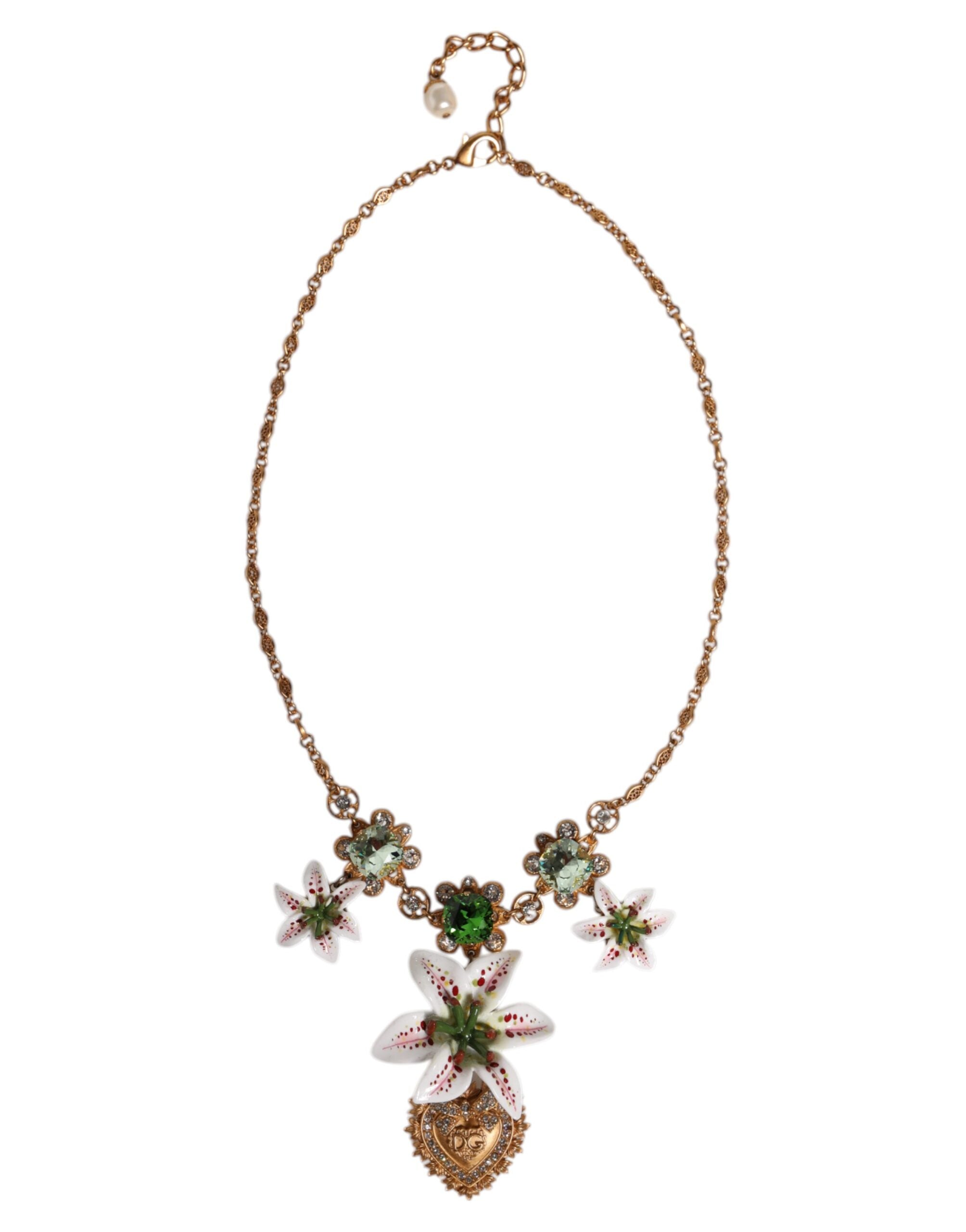 Dolce &amp; Gabbana Gold Brass Lily Crystal Sacred Heart Pendant Necklace