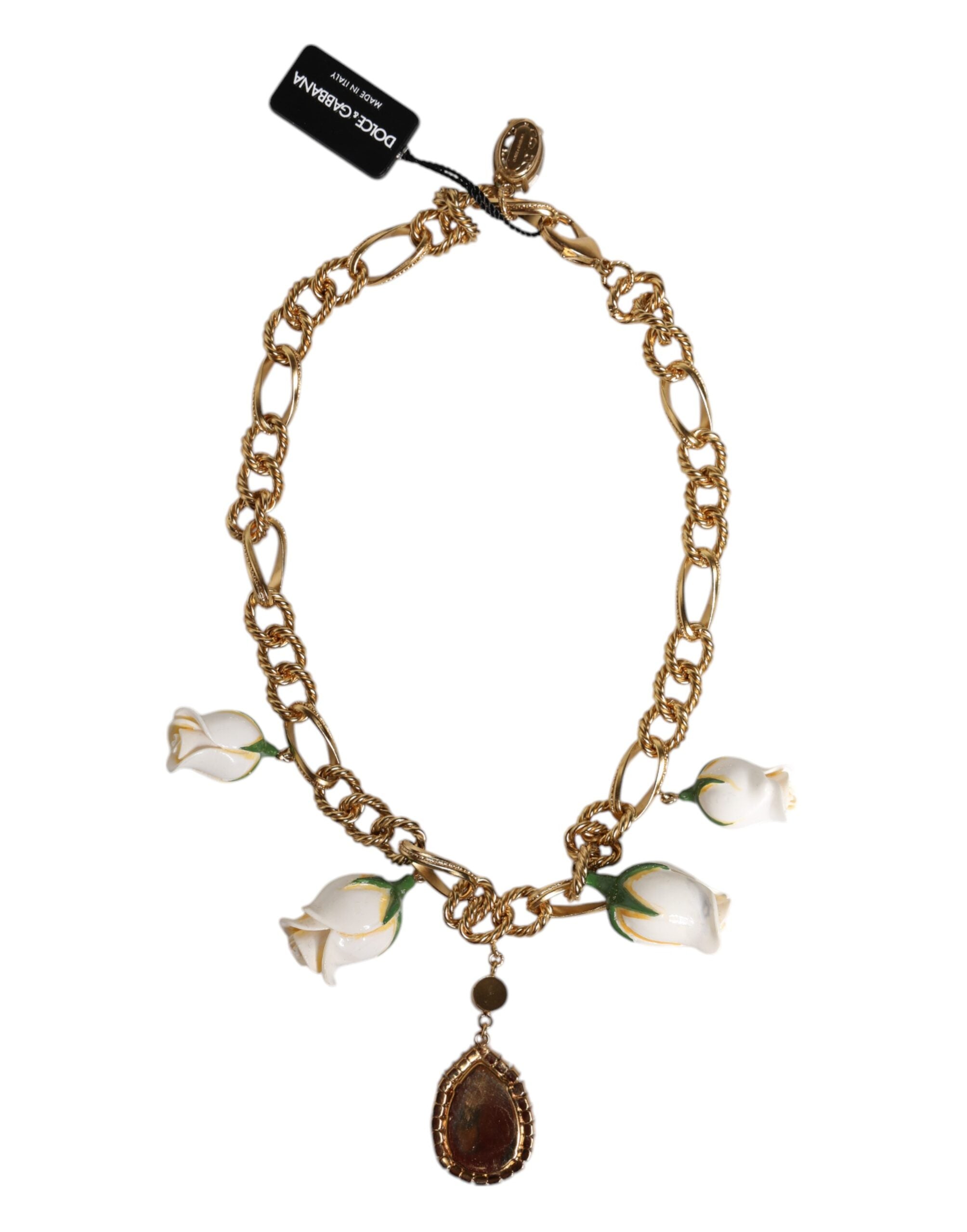 Dolce &amp; Gabbana Gold Brass Short Chain Flower Crystal Pendant Necklace