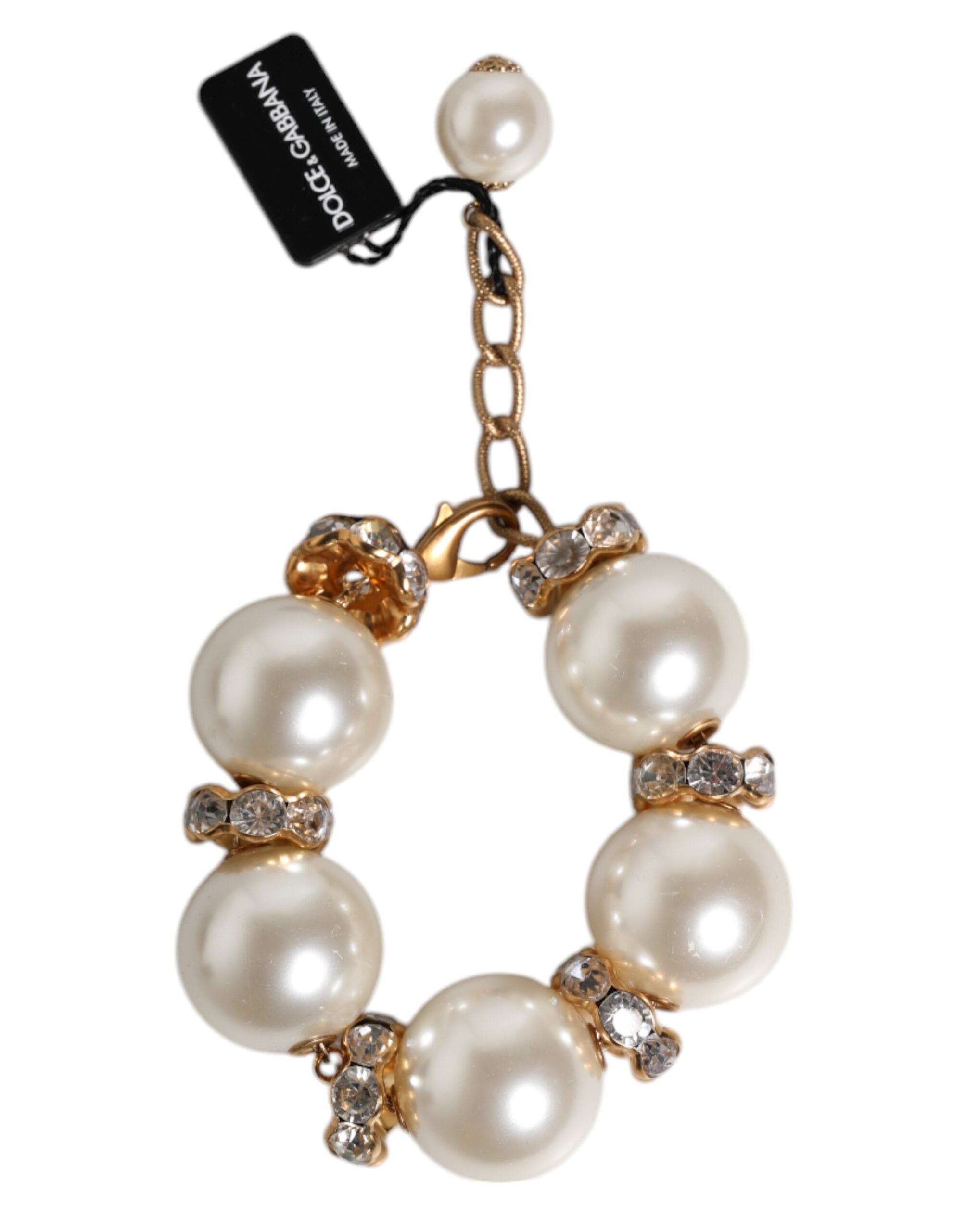 Dolce &amp; Gabbana Gold Tone Brass Maxi Pearl Lobster Clasp Logo Bracelet