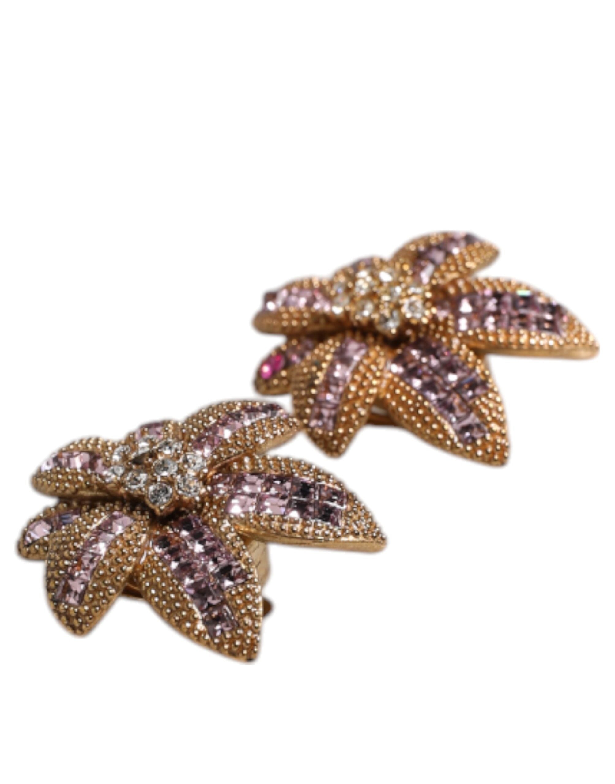 Dolce &amp; Gabbana Gold Brass Purple Flower-Shaped Crystals Clip On Earrings