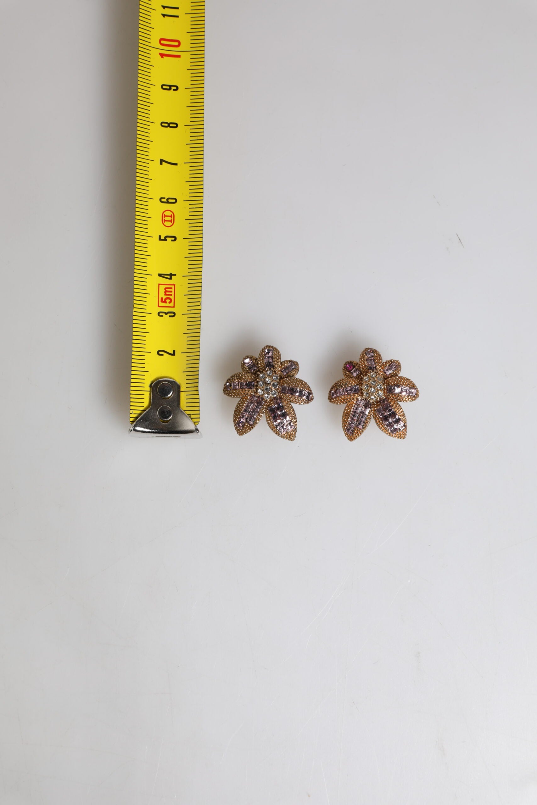 Dolce &amp; Gabbana Gold Brass Purple Flower-Shaped Crystals Clip On Earrings