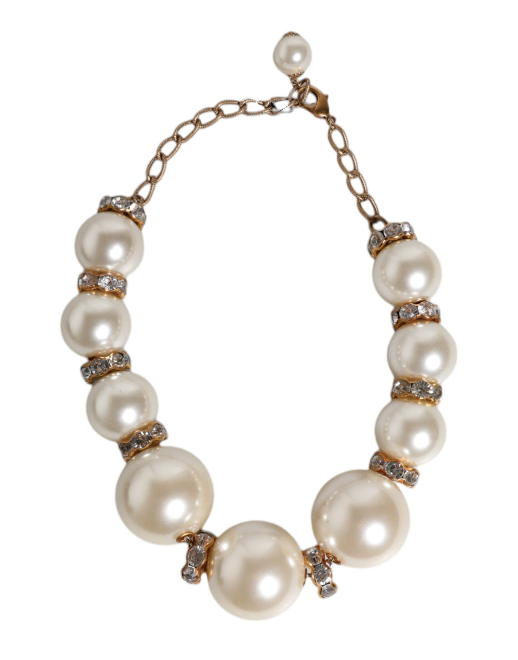 Dolce &amp; Gabbana White Maxi Faux Pearl Beads Crystals Gold Chain Necklace