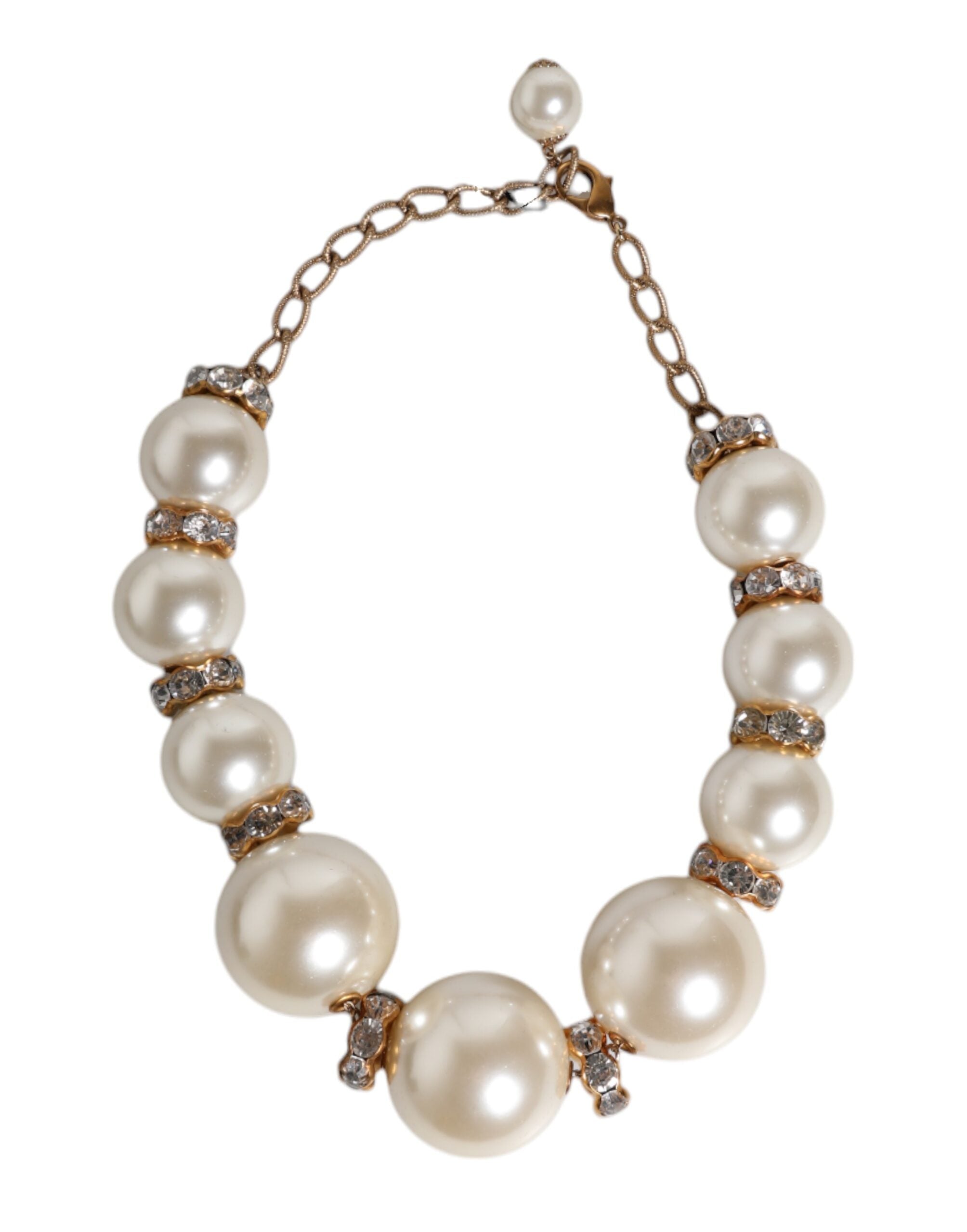Dolce &amp; Gabbana White Maxi Faux Pearl Beads Crystals Gold Chain Necklace