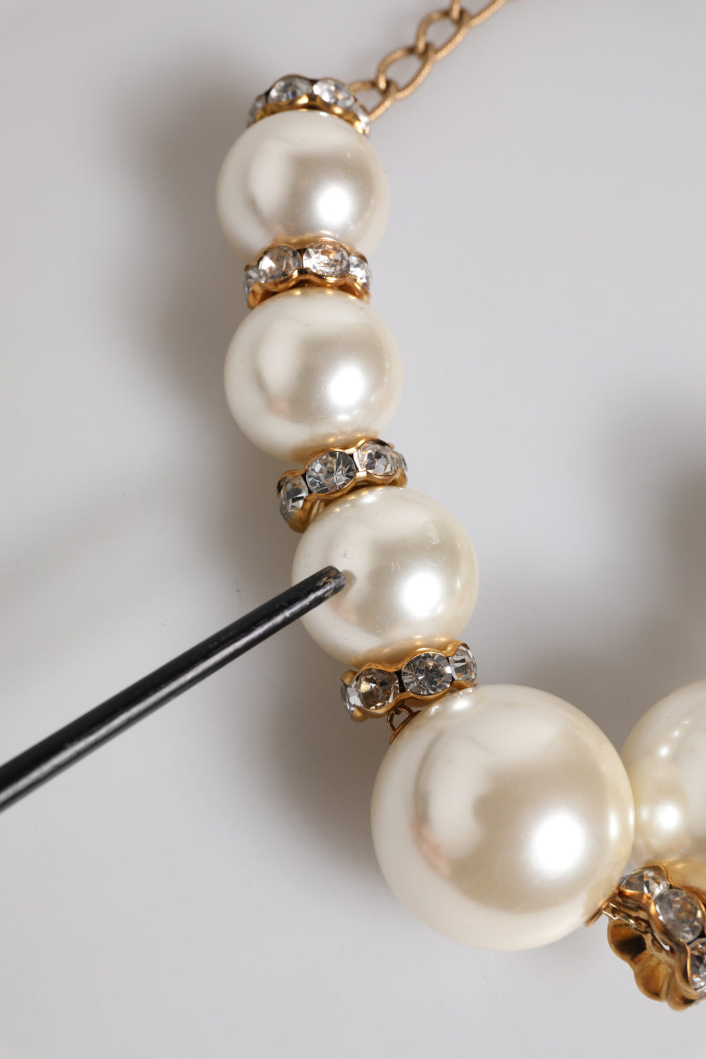 Dolce &amp; Gabbana White Maxi Faux Pearl Beads Crystals Gold Chain Necklace