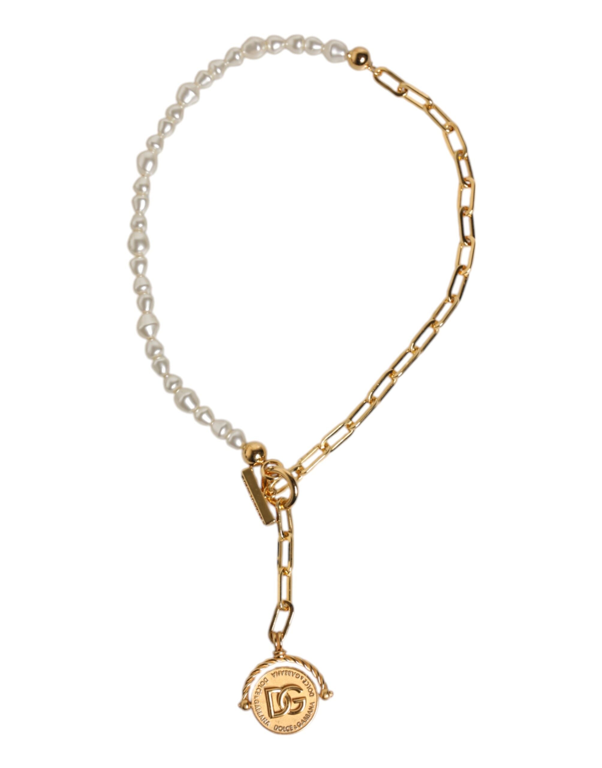 Dolce &amp; Gabbana Gold Chain Brass Faux Pearl Charm Logo Pendant Necklace
