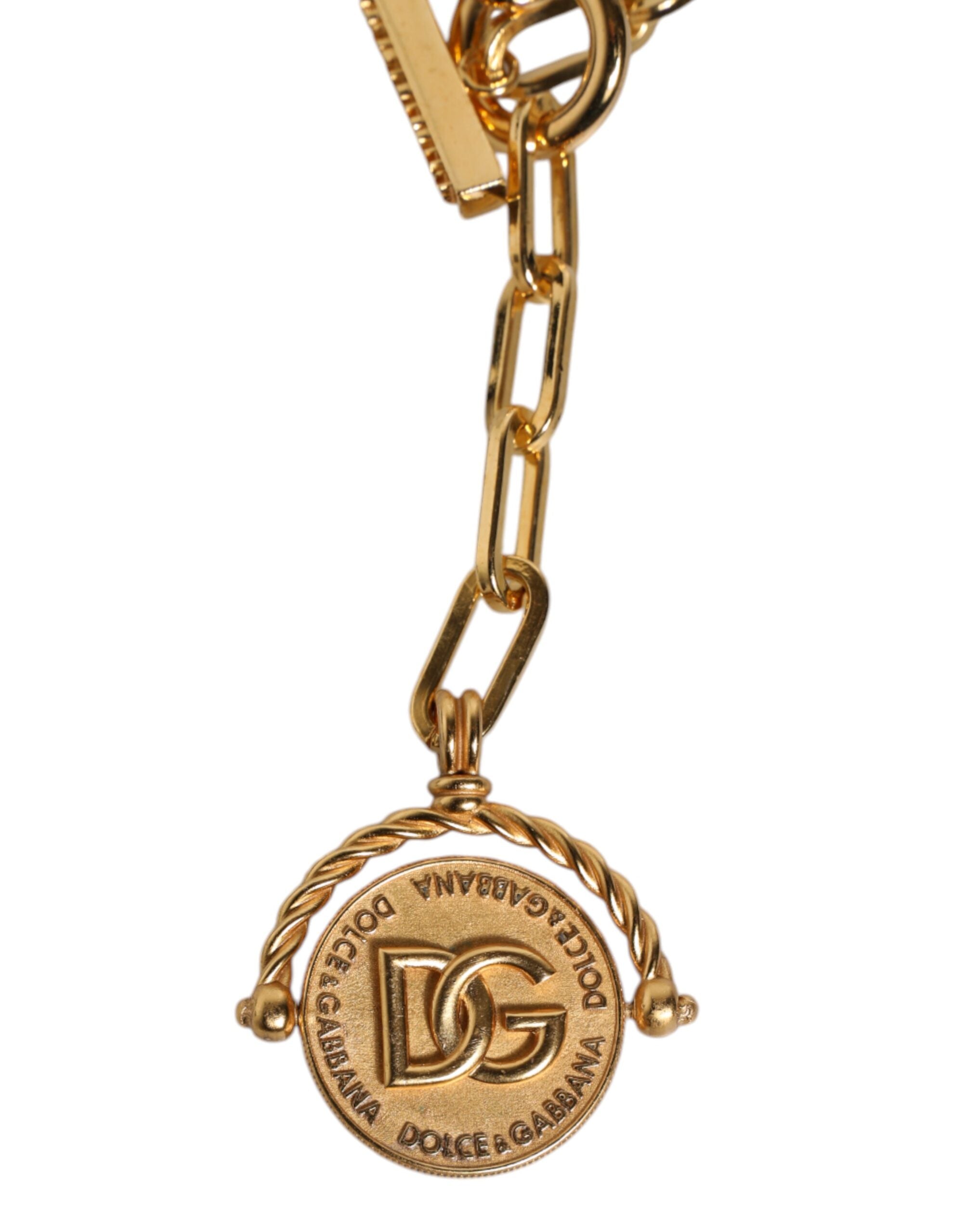 Dolce &amp; Gabbana Gold Chain Brass Faux Pearl Charm Logo Pendant Necklace