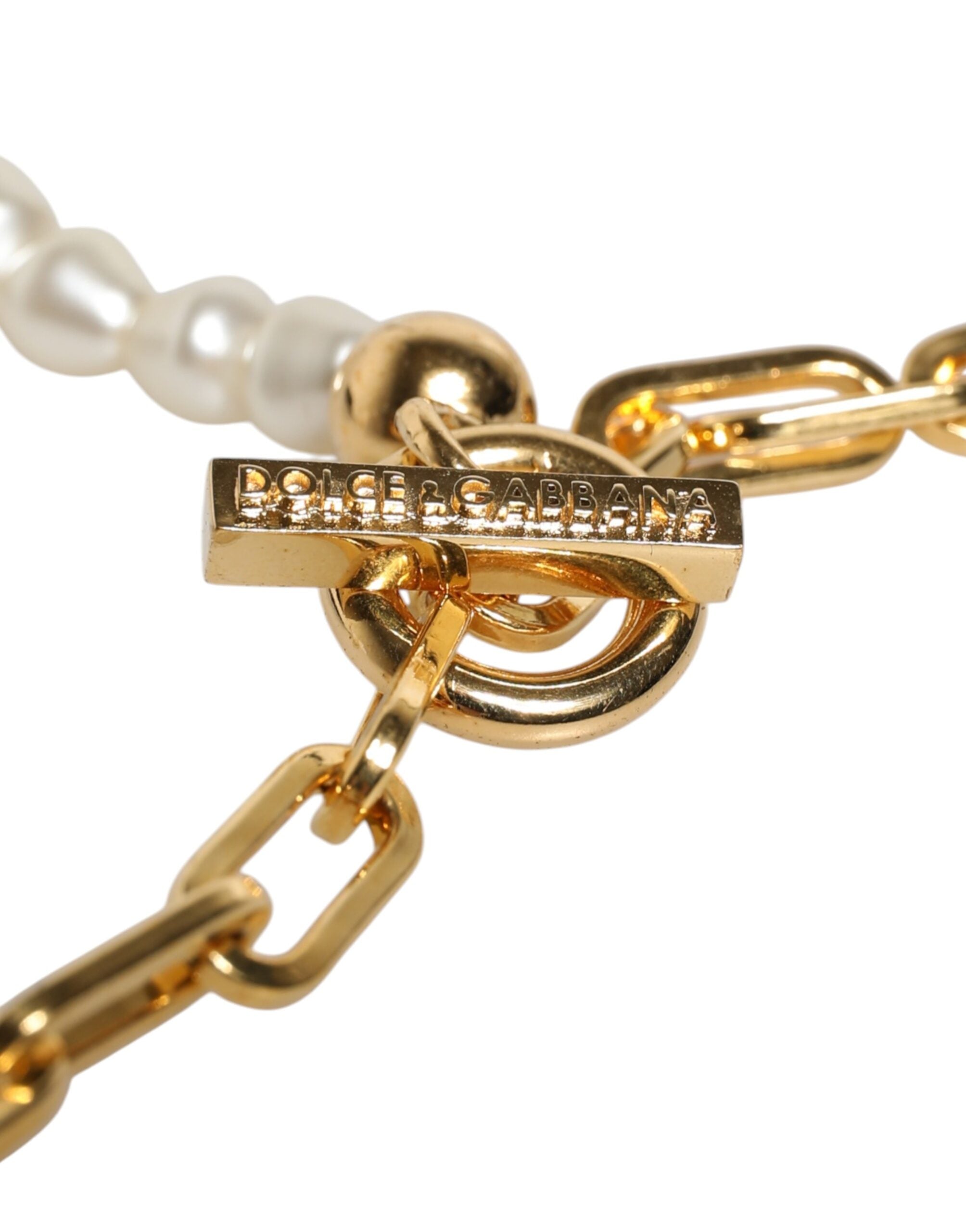 Dolce &amp; Gabbana Gold Chain Brass Faux Pearl Charm Logo Pendant Necklace
