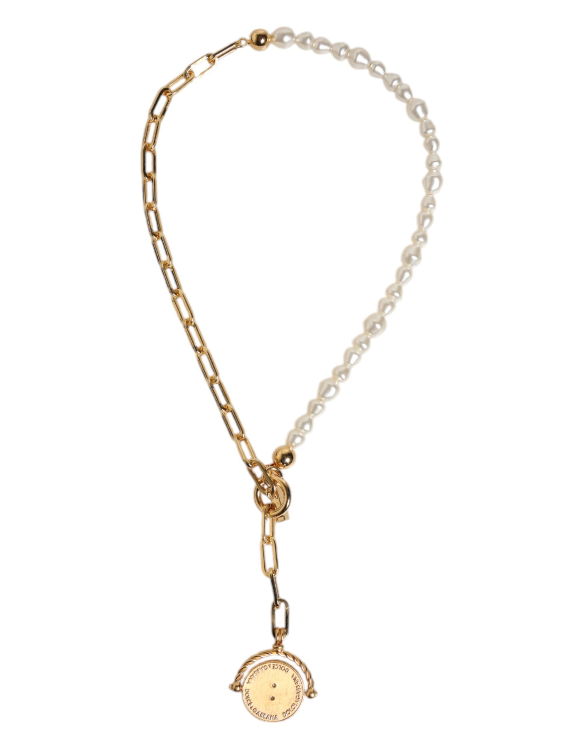 Dolce &amp; Gabbana Gold Chain Brass Faux Pearl Charm Logo Pendant Necklace