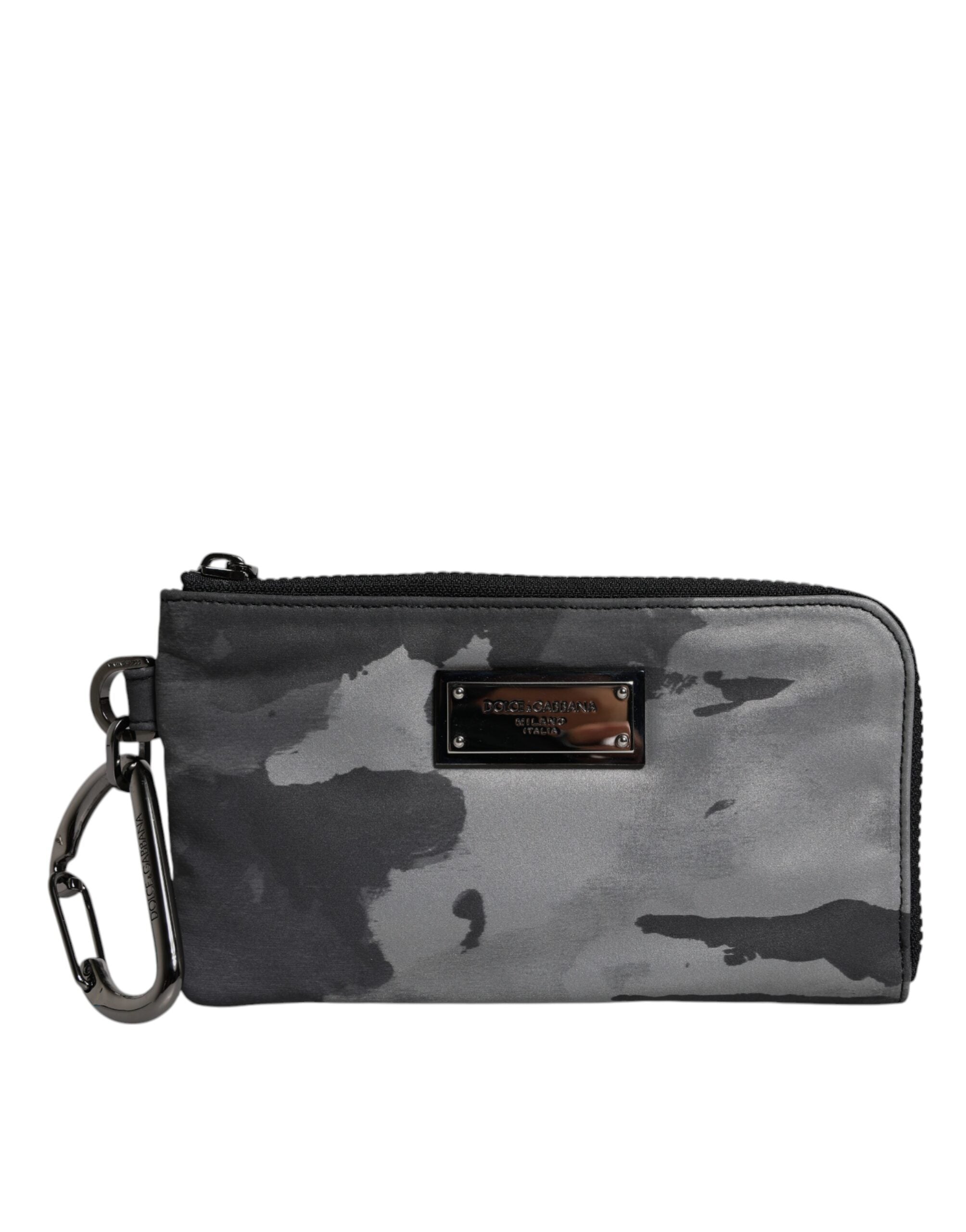 Dolce &amp; Gabbana Black Gray Camouflage Logo Plaque Keyring Pouch Bag