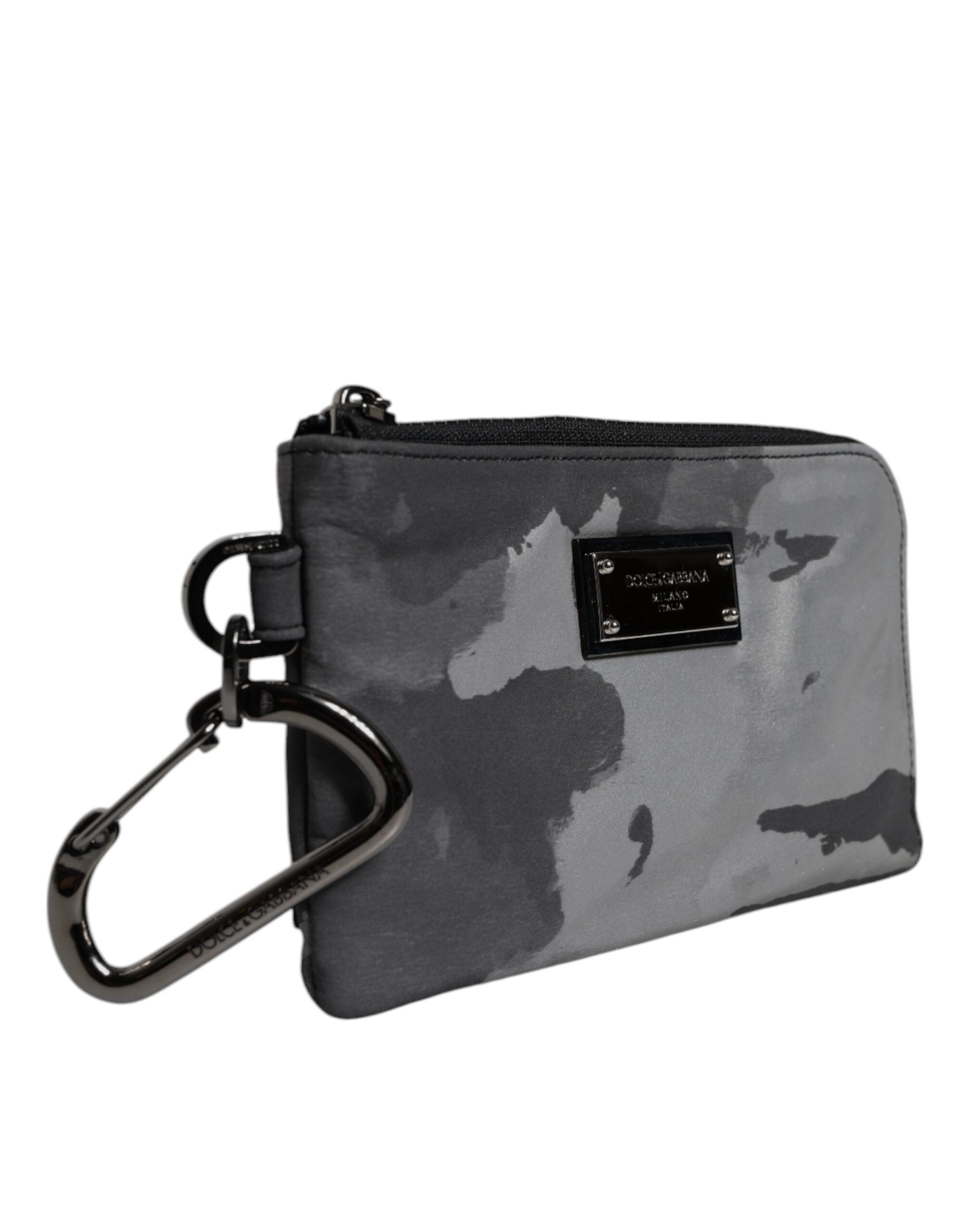 Dolce &amp; Gabbana Black Gray Camouflage Logo Plaque Keyring Pouch Bag