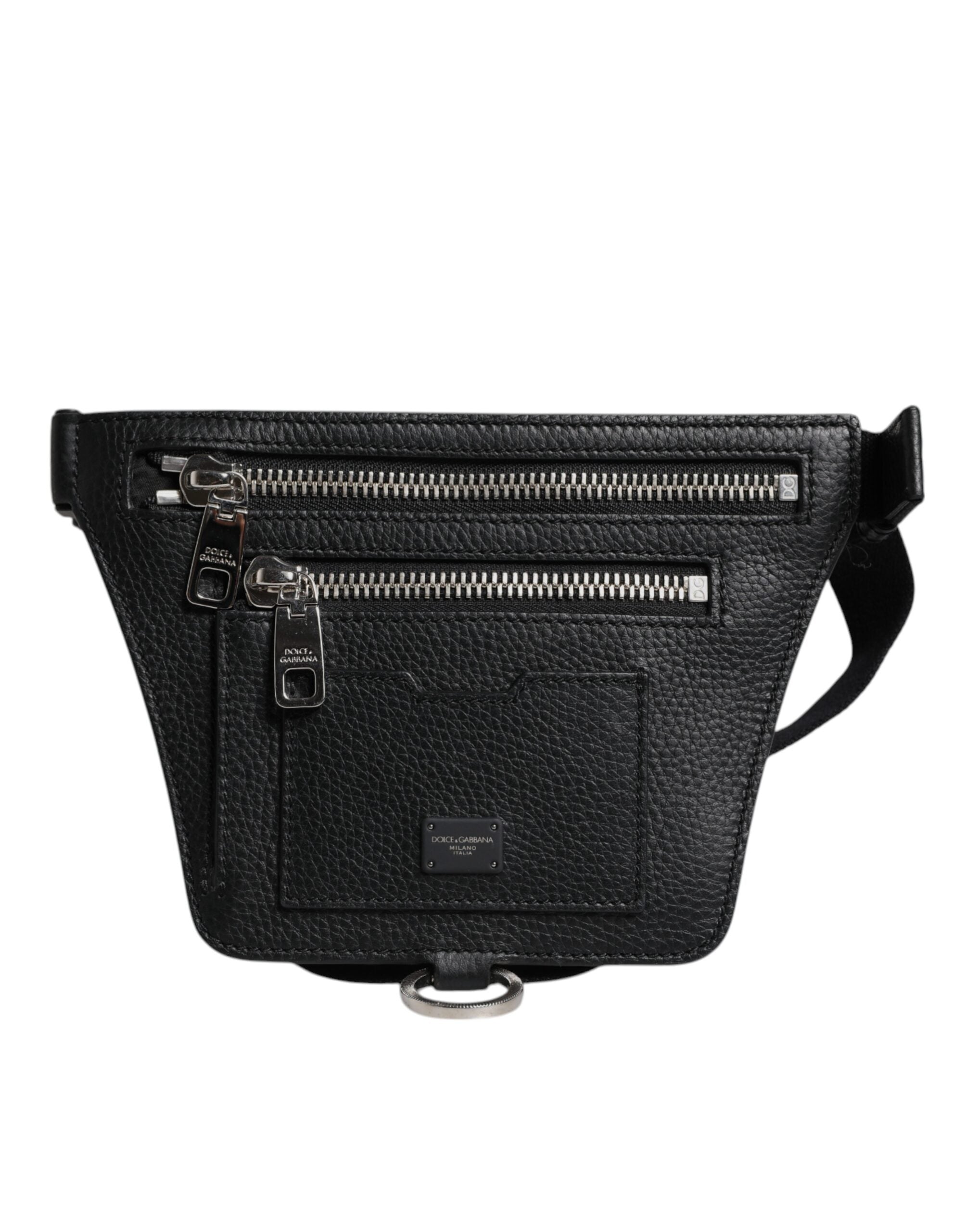 Dolce &amp; Gabbana Black Calfskin Logo Plaque Belt Waist Men Fanny Pack Bag