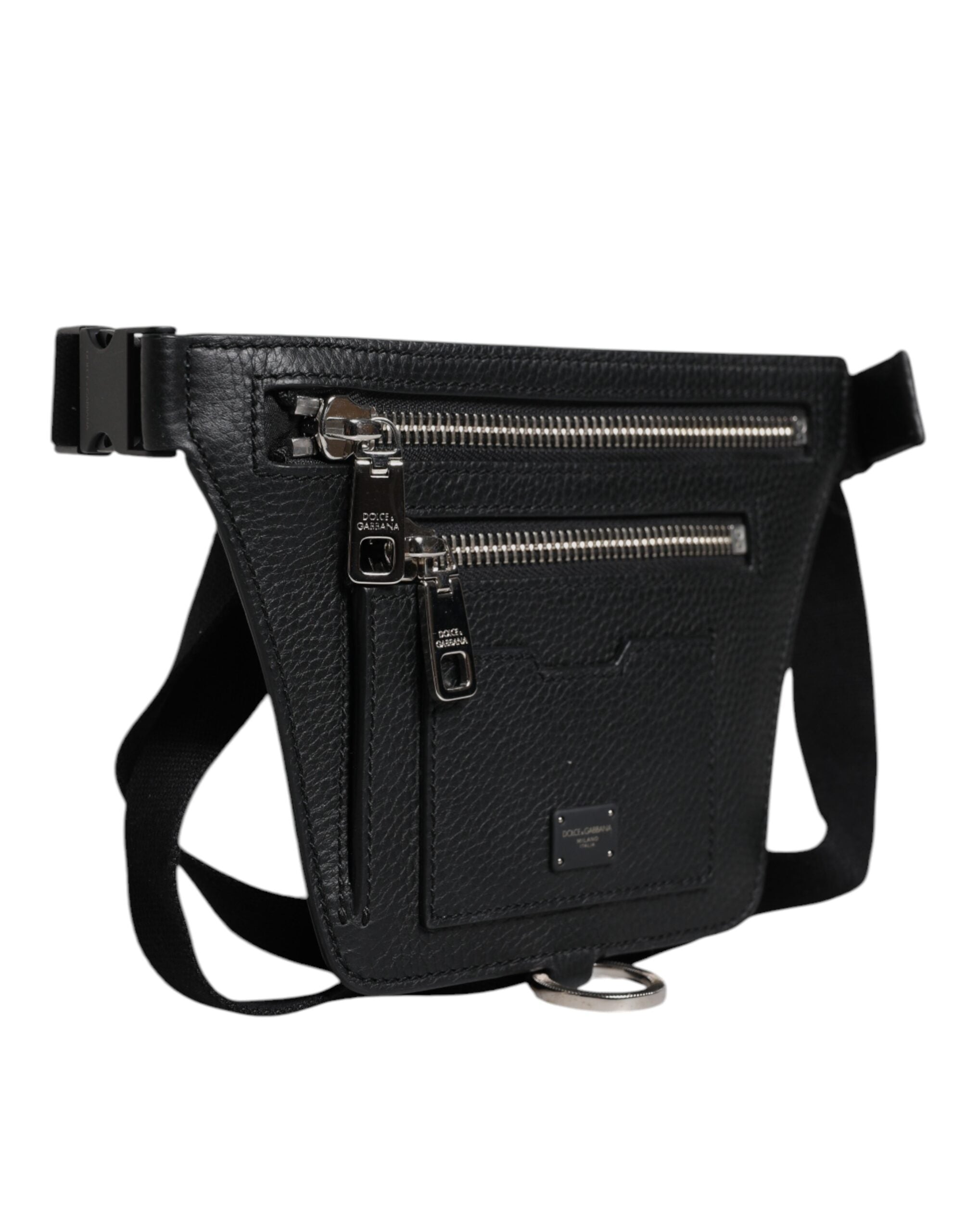 Dolce &amp; Gabbana Black Calfskin Logo Plaque Belt Waist Men Fanny Pack Bag
