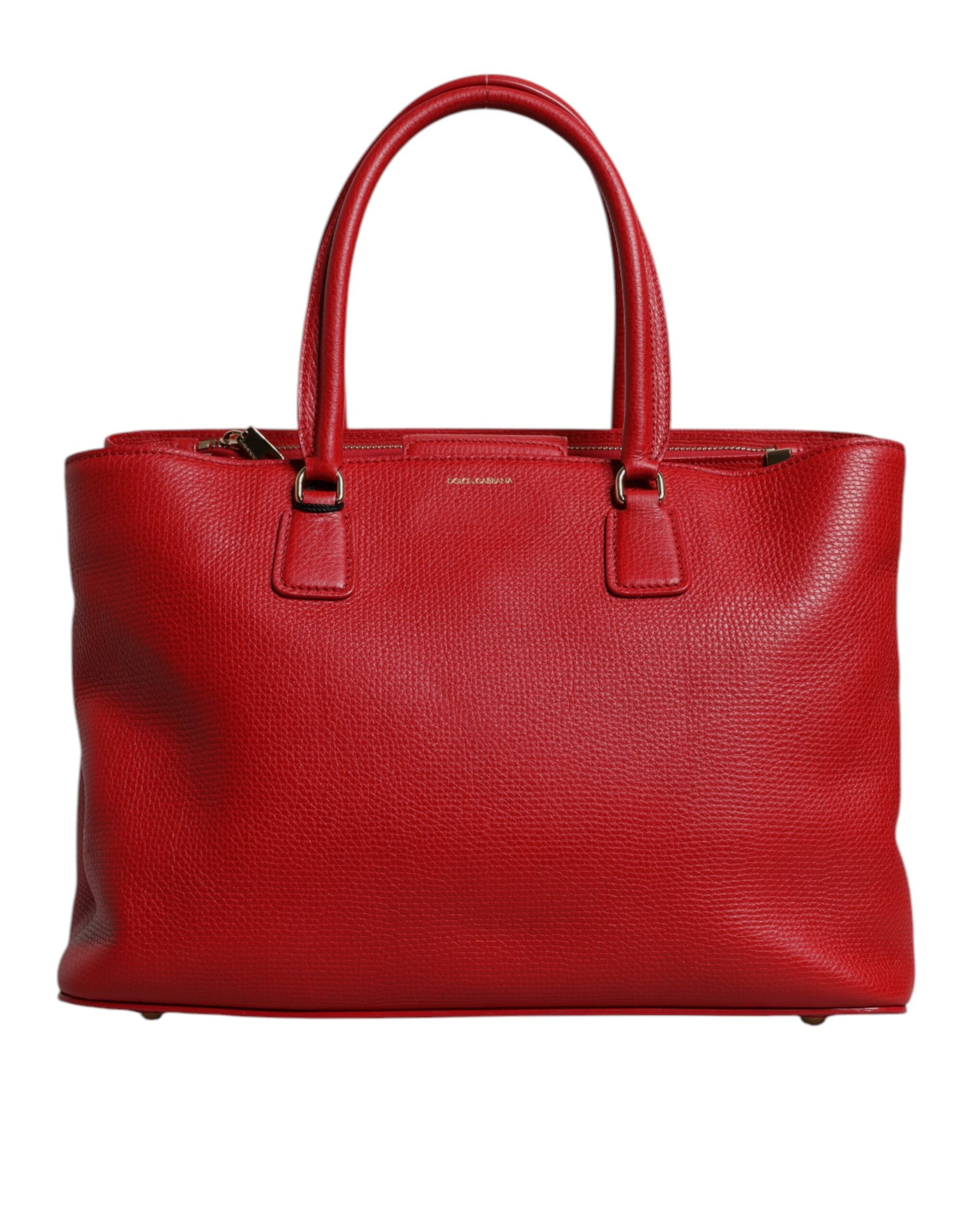 Dolce &amp; Gabbana Red Calfskin Leather Logo Plaque Top Handle Bag