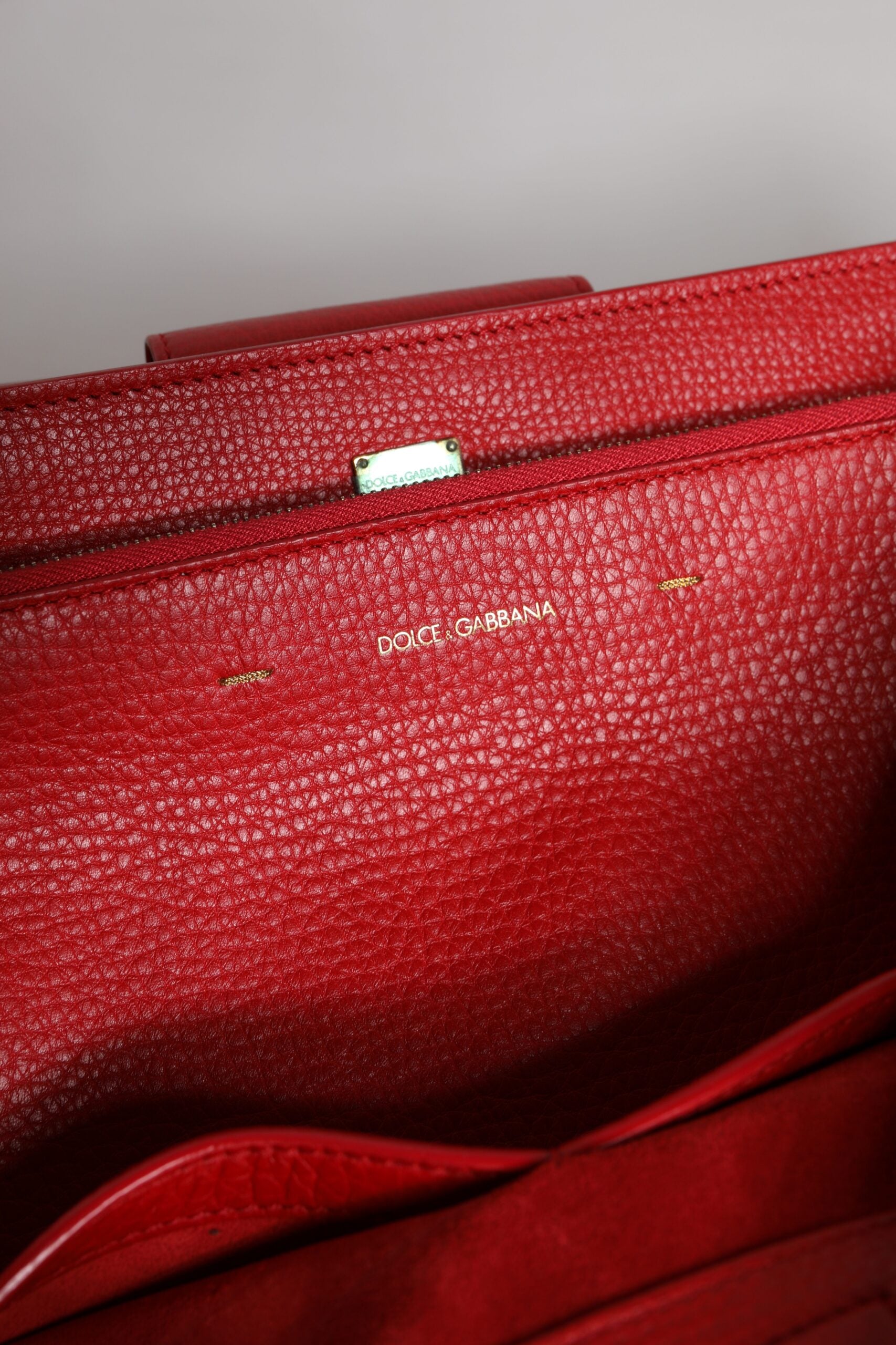 Dolce &amp; Gabbana Red Calfskin Leather Logo Plaque Top Handle Bag