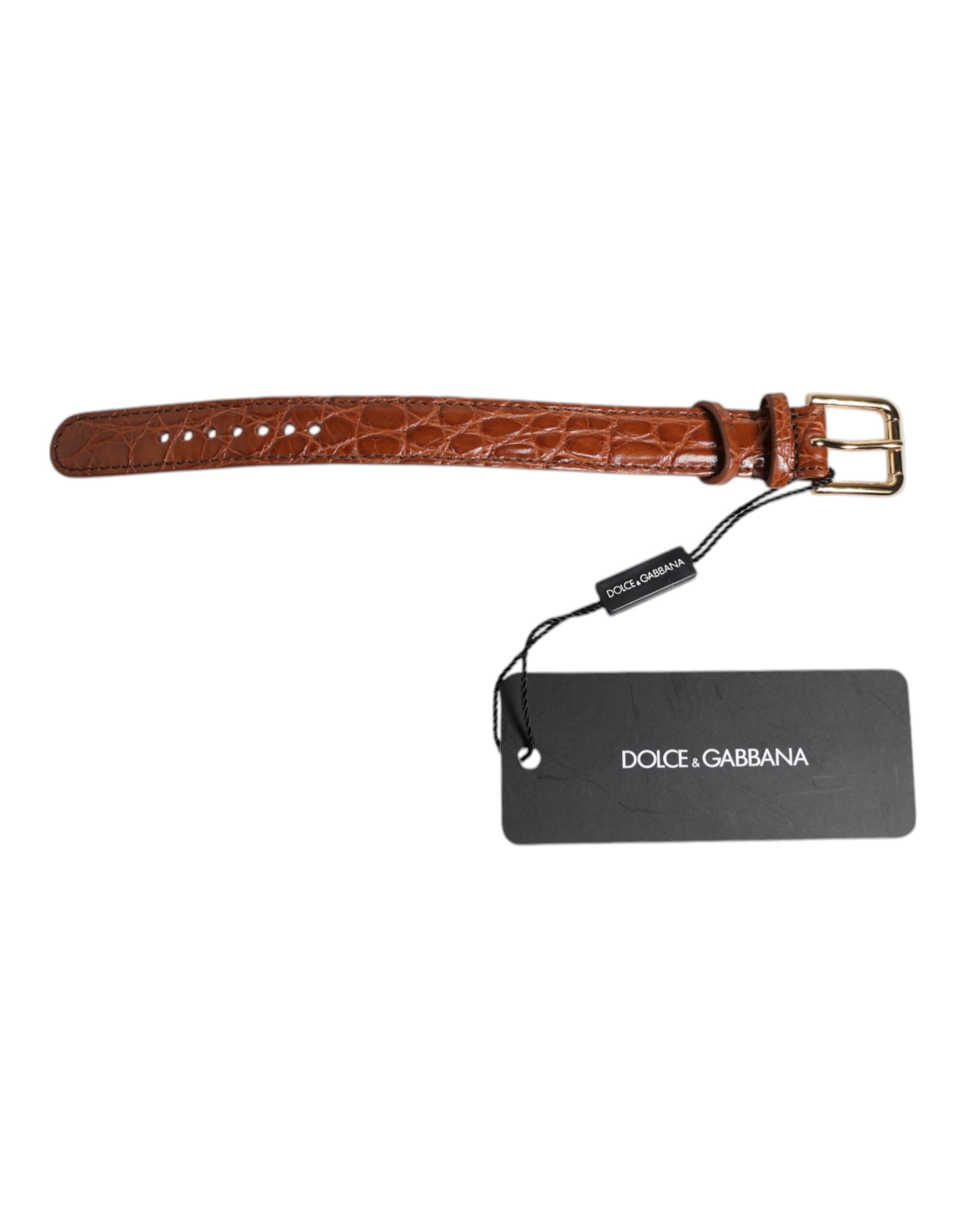 Dolce &amp; Gabbana Brown Textured Leather Gold Metal Buckle Armband
