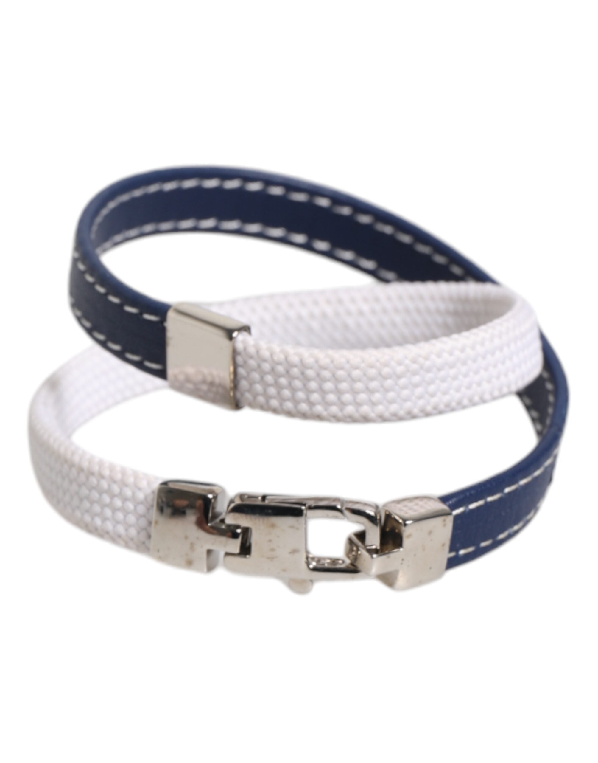 Dolce &amp; Gabbana Blue White Leather Trimmed DG Engraved Silver Tone Clasp Bracelet
