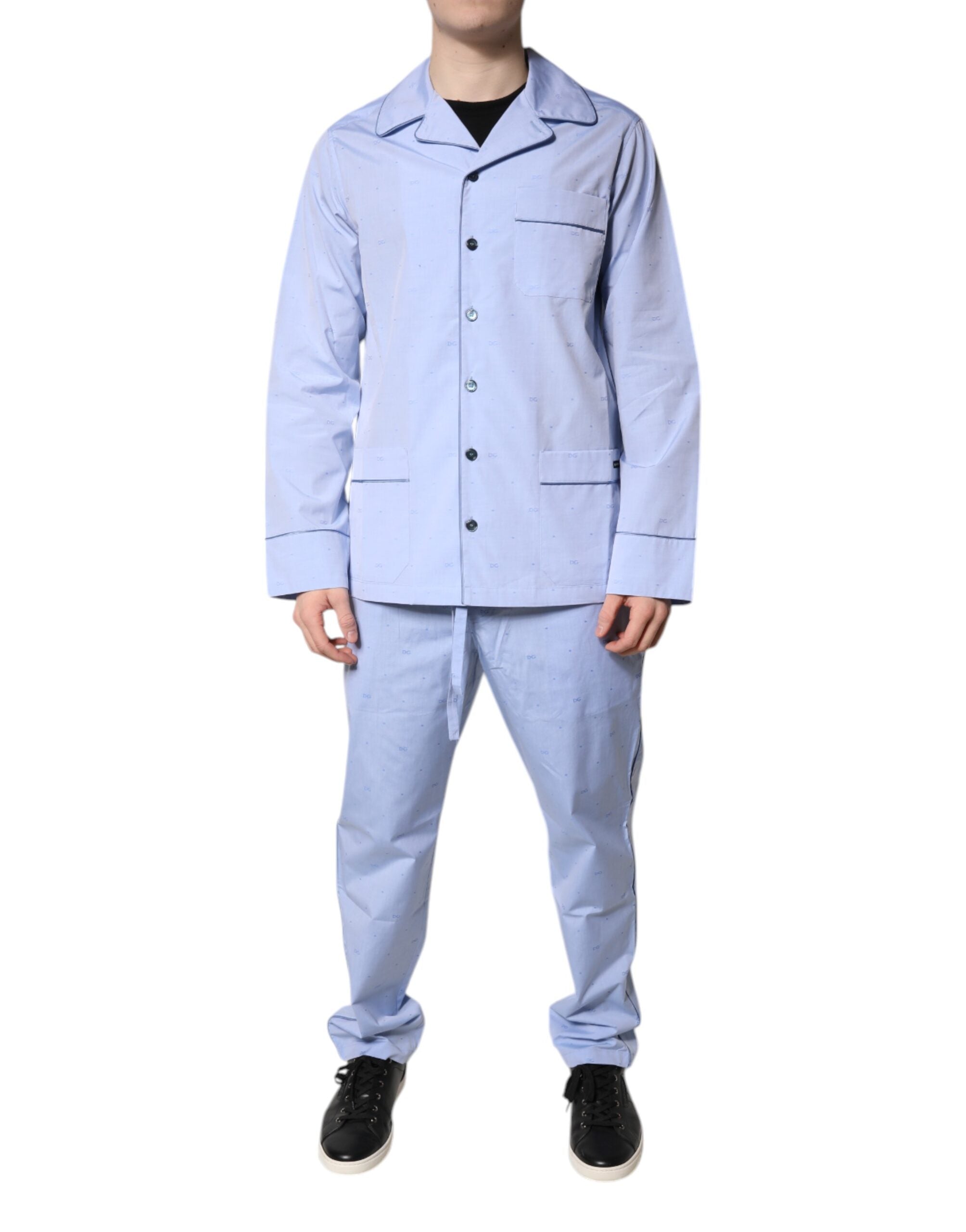 Dolce &amp; Gabbana Light Blue DG Logo Cotton Men Pajama Set Sleepwear