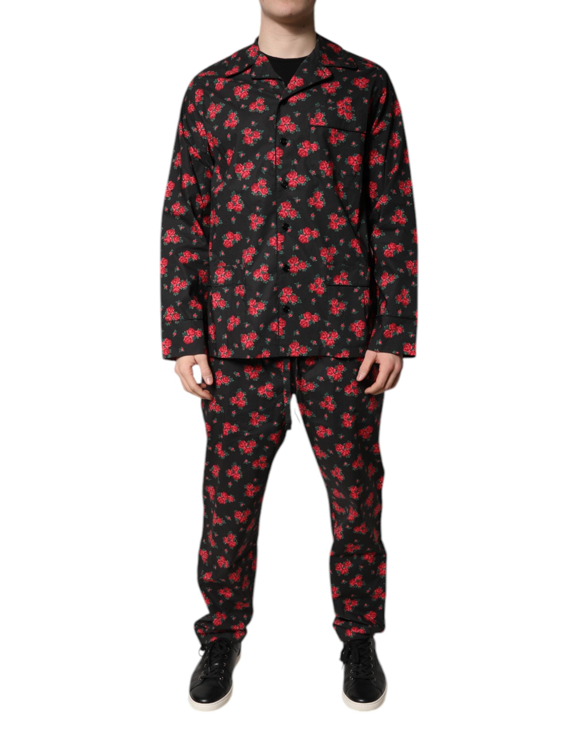 Dolce &amp; Gabbana Black Floral Print Cotton Men Pajama Set Sleepwear