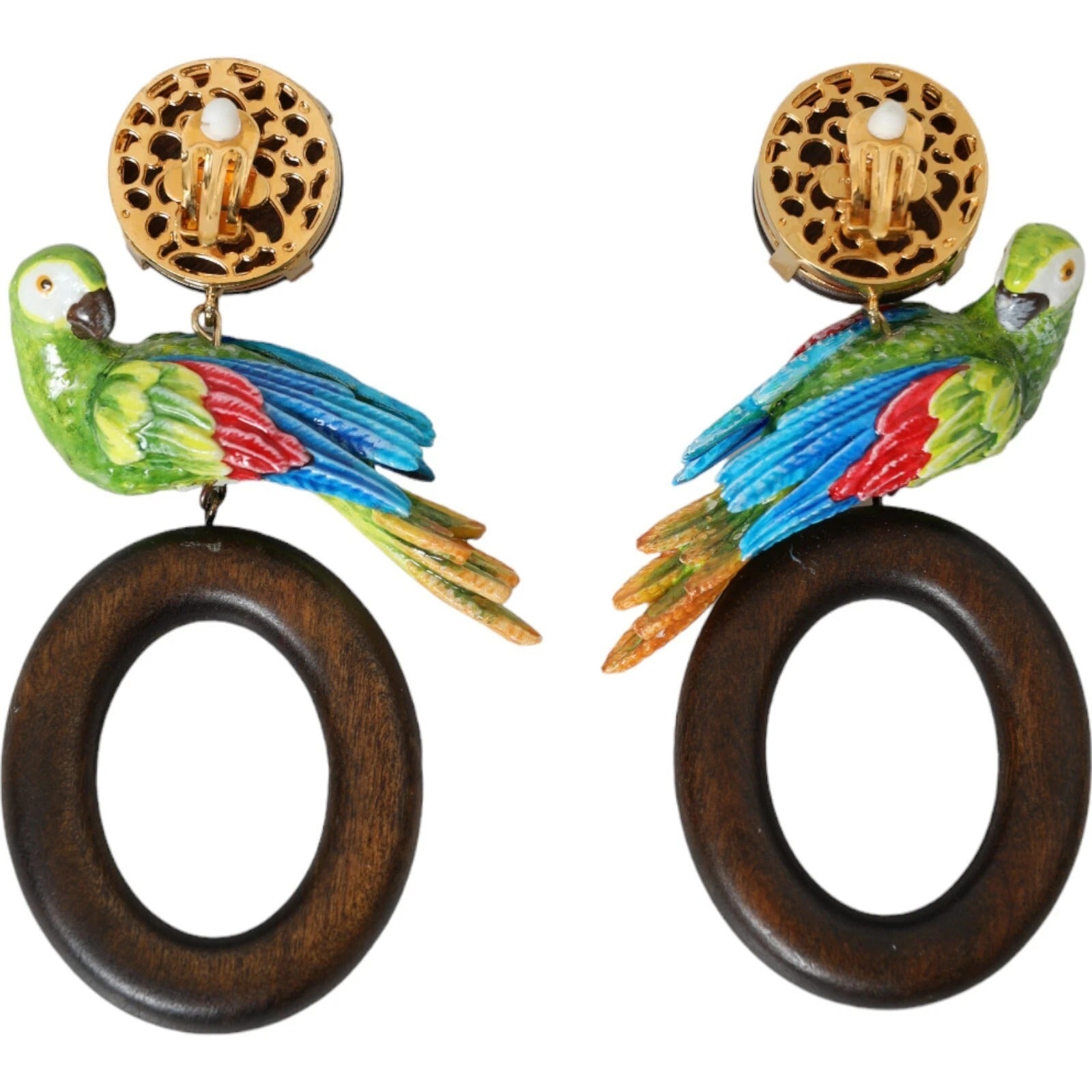 Dolce &amp; Gabbana Multicolor Parrot Wood Brass Crystal Embellished Earrings