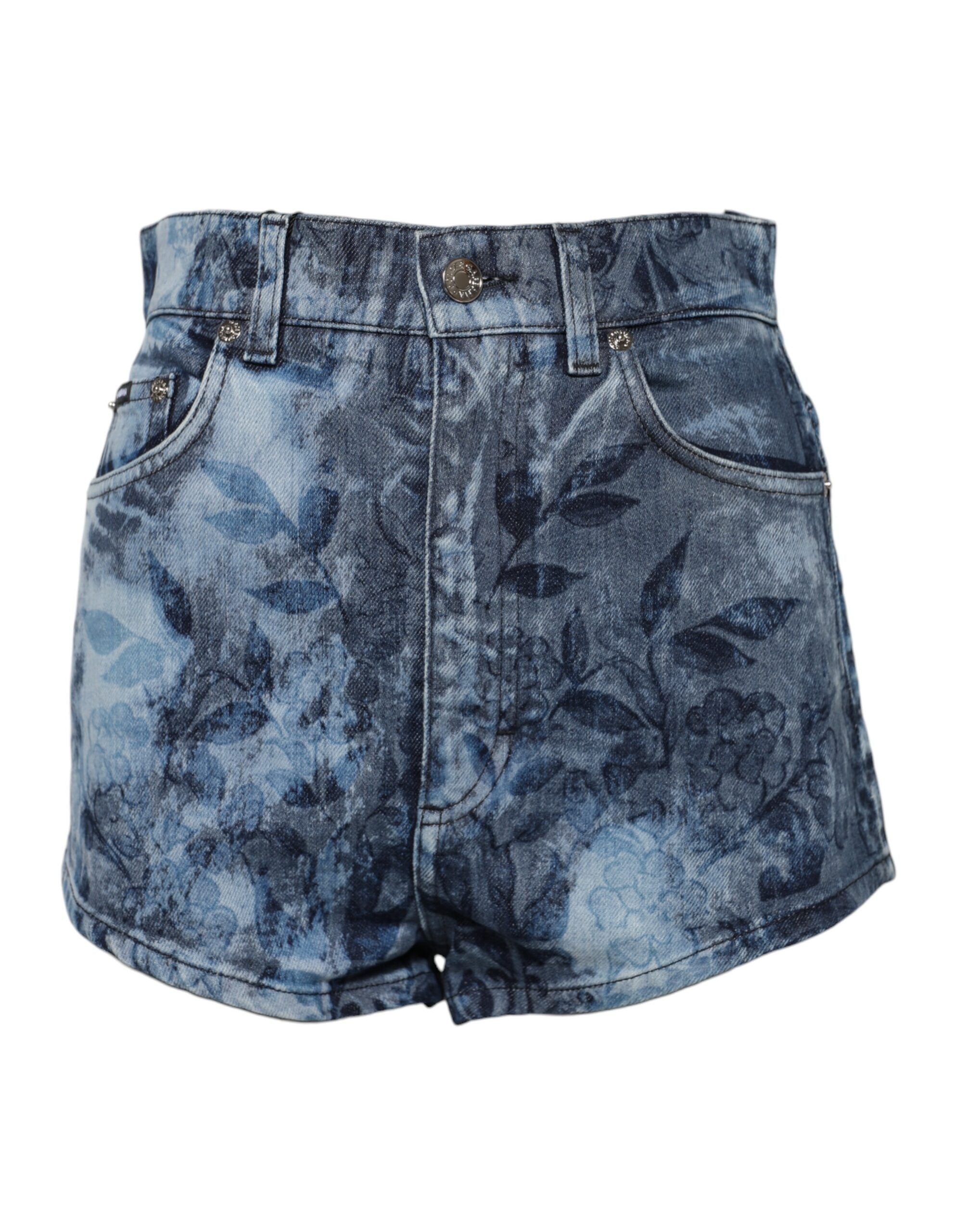 Dolce &amp; Gabbana Blue Floral Print Denim Cotton Hot Pants Shorts