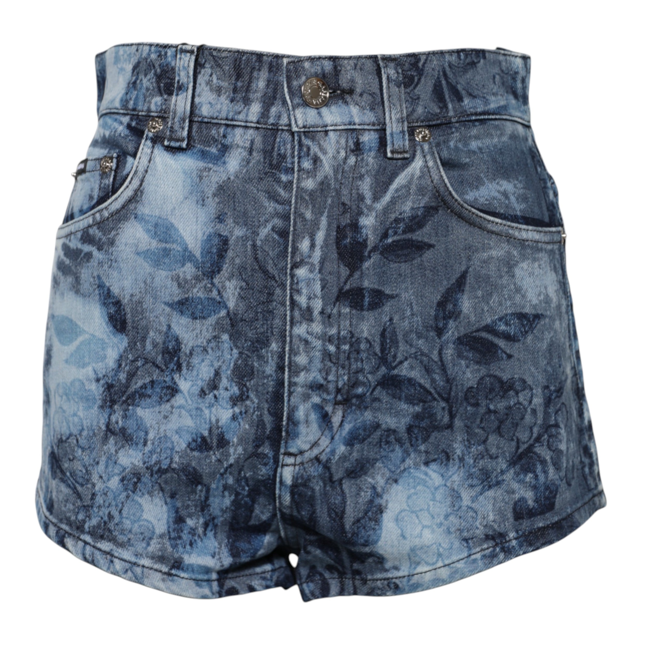 Dolce &amp; Gabbana Blue Floral Print Denim Cotton Hot Pants Shorts