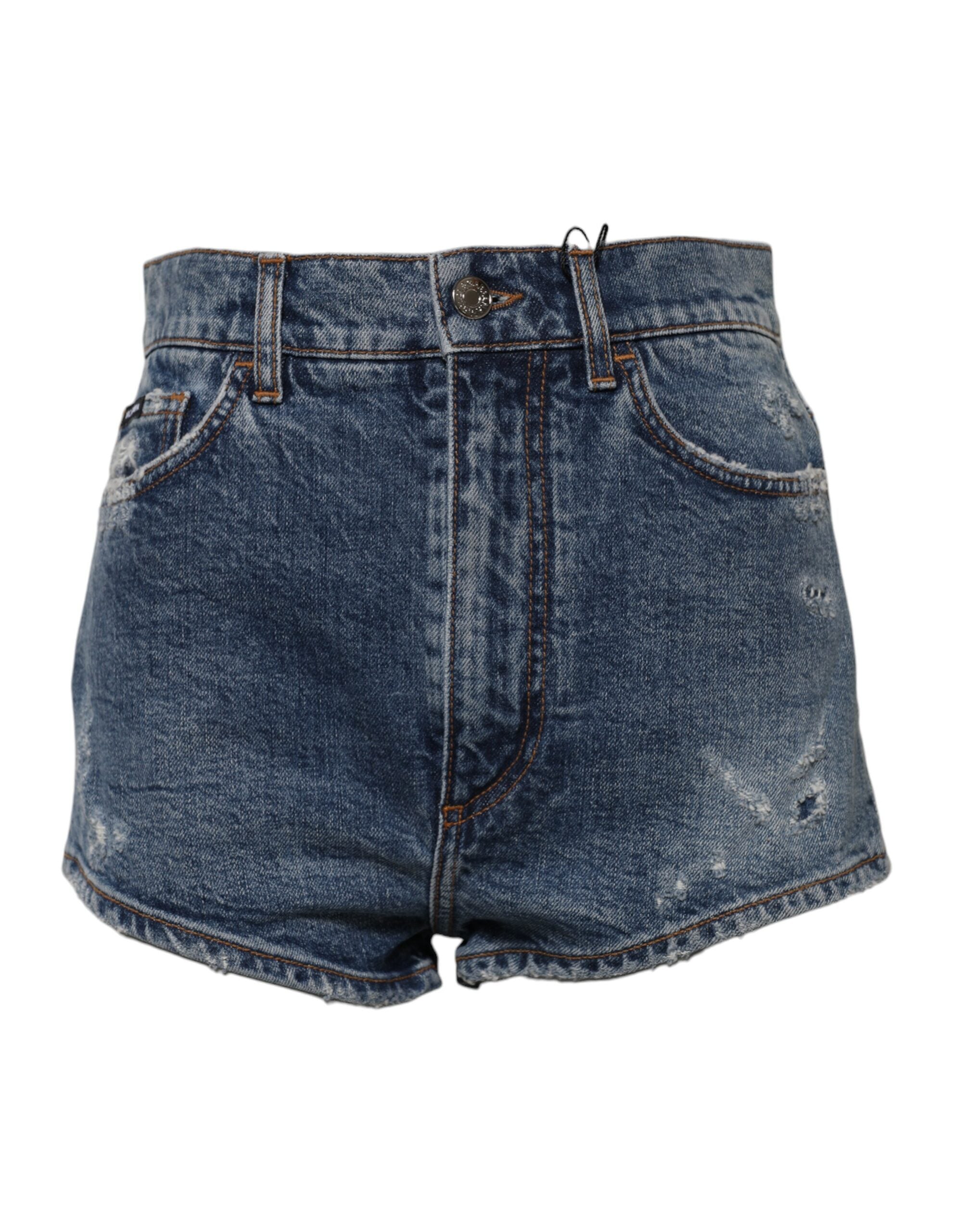 Dolce &amp; Gabbana Blue Tattered Denim Cotton Hot Pants Shorts