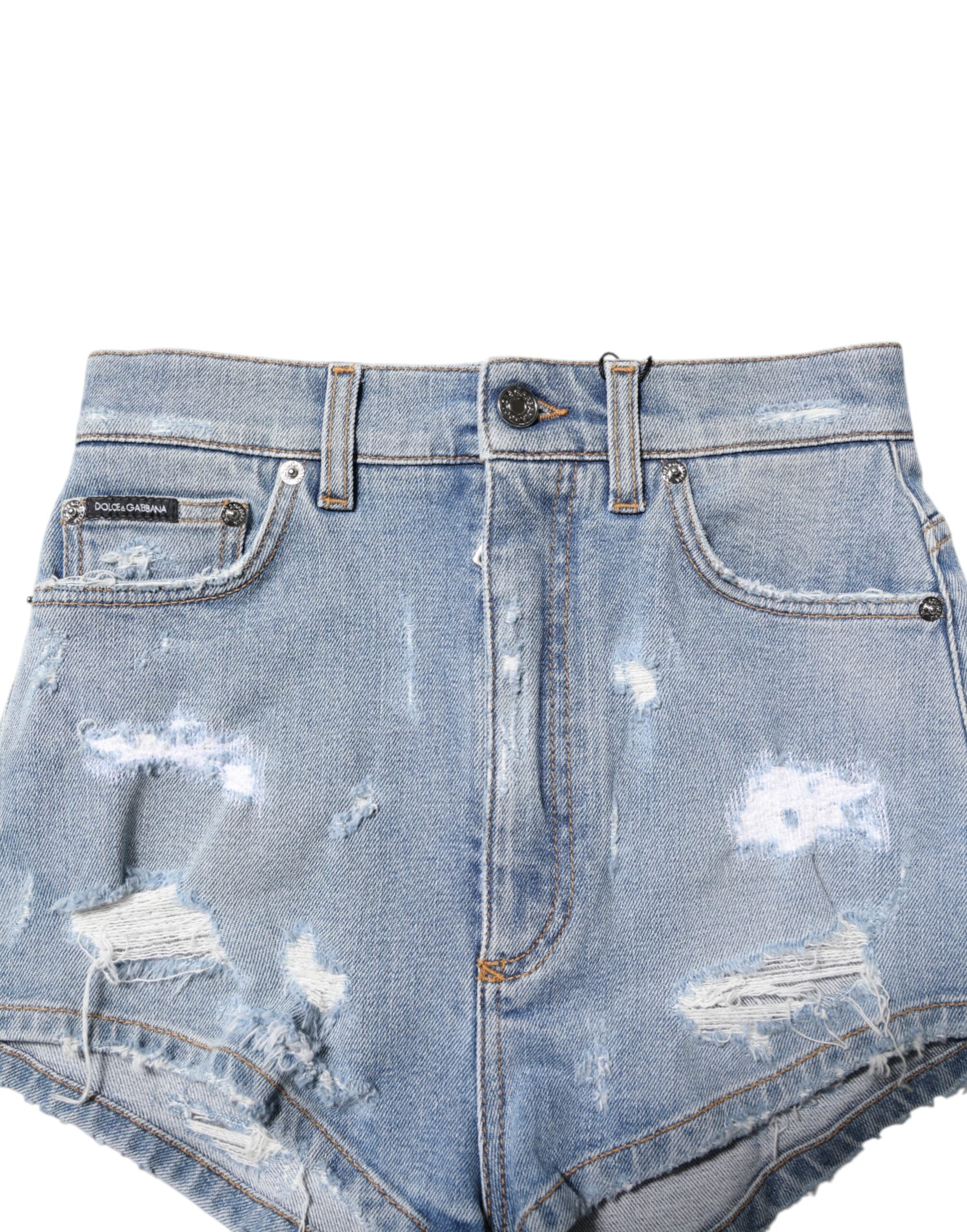 Dolce &amp; Gabbana Blue Tattered Denim Cotton Hot Pants Shorts