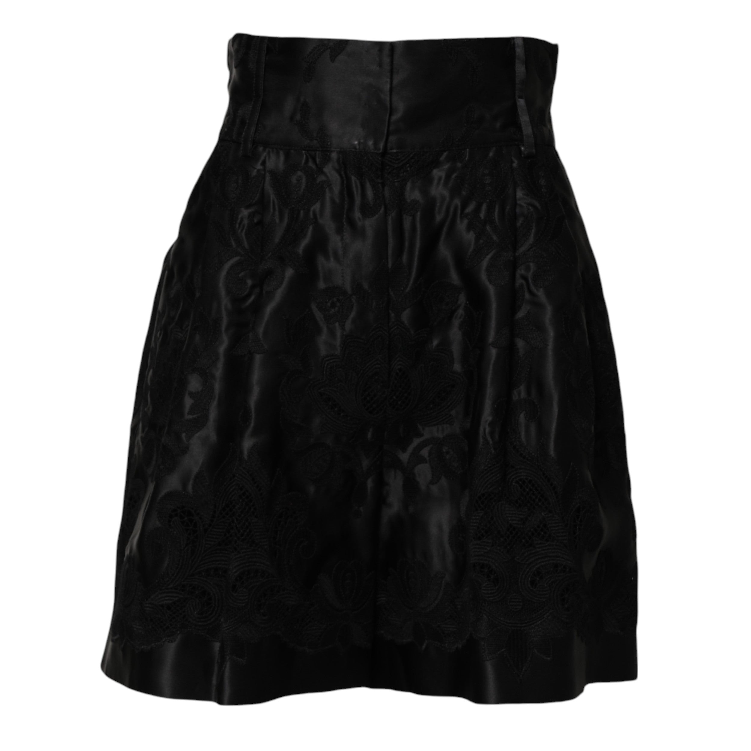 Dolce &amp; Gabbana Black Floral Embroidery Silk High Waist Shorts