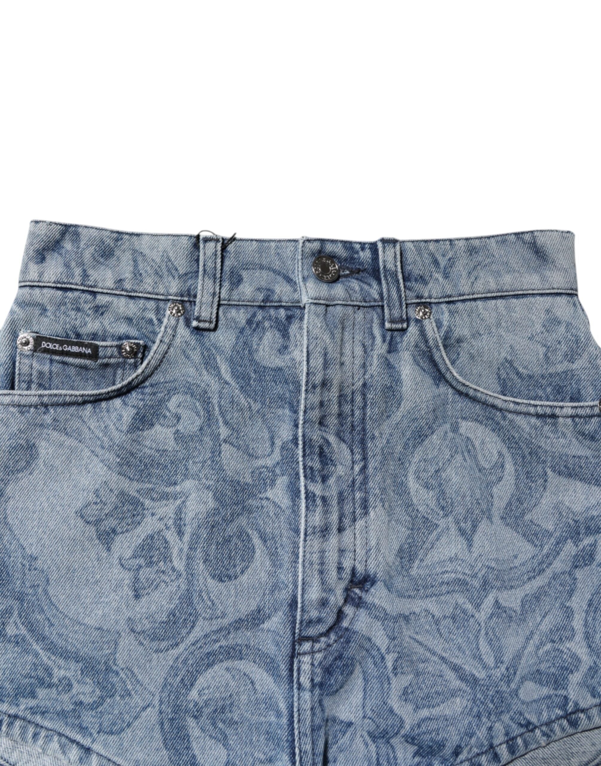 Dolce &amp; Gabbana Blue Floral Print Denim Cotton Hot Pants Shorts