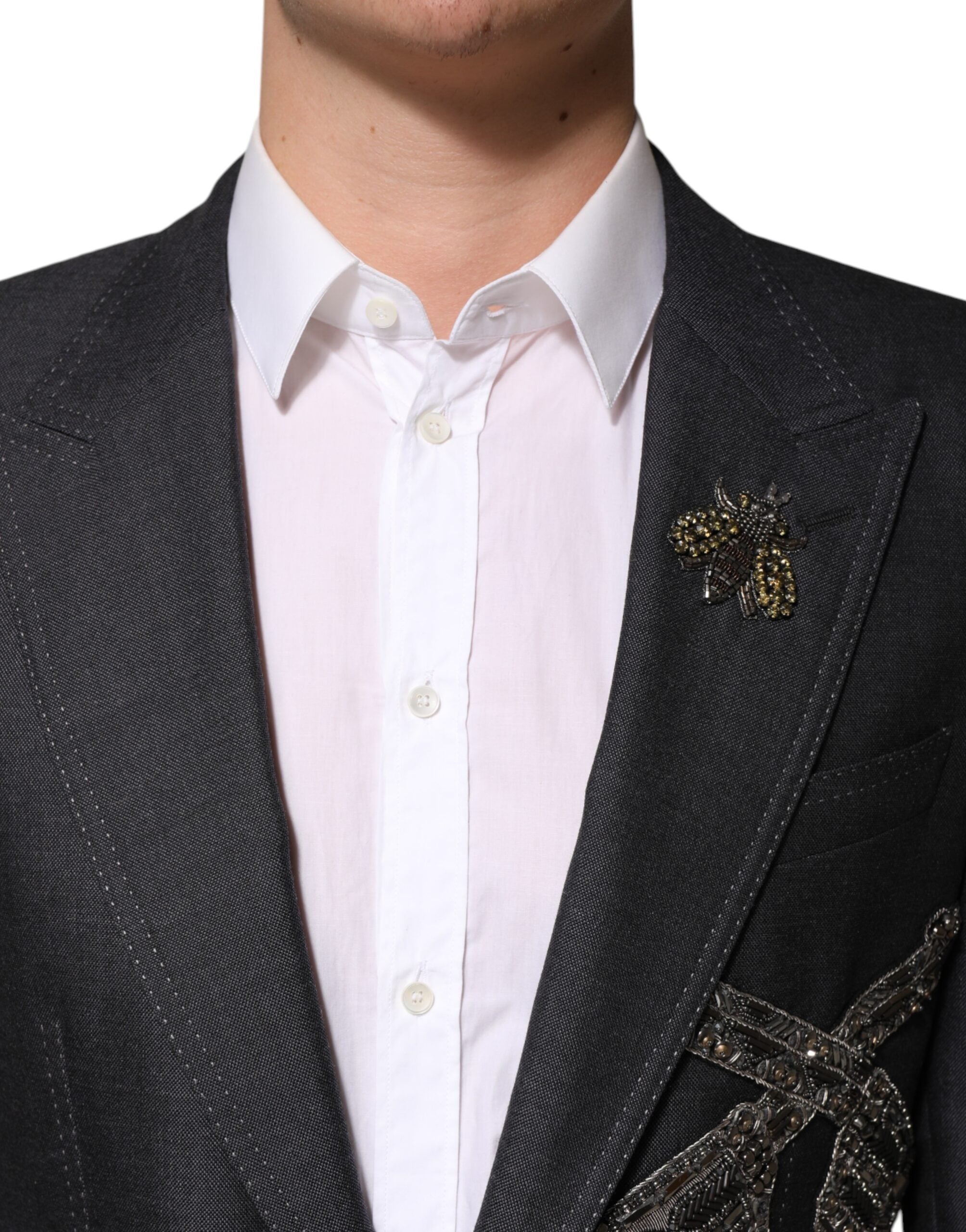 Dolce &amp; Gabbana Dark Gray Bee Embroidery Wool Coat Blazer