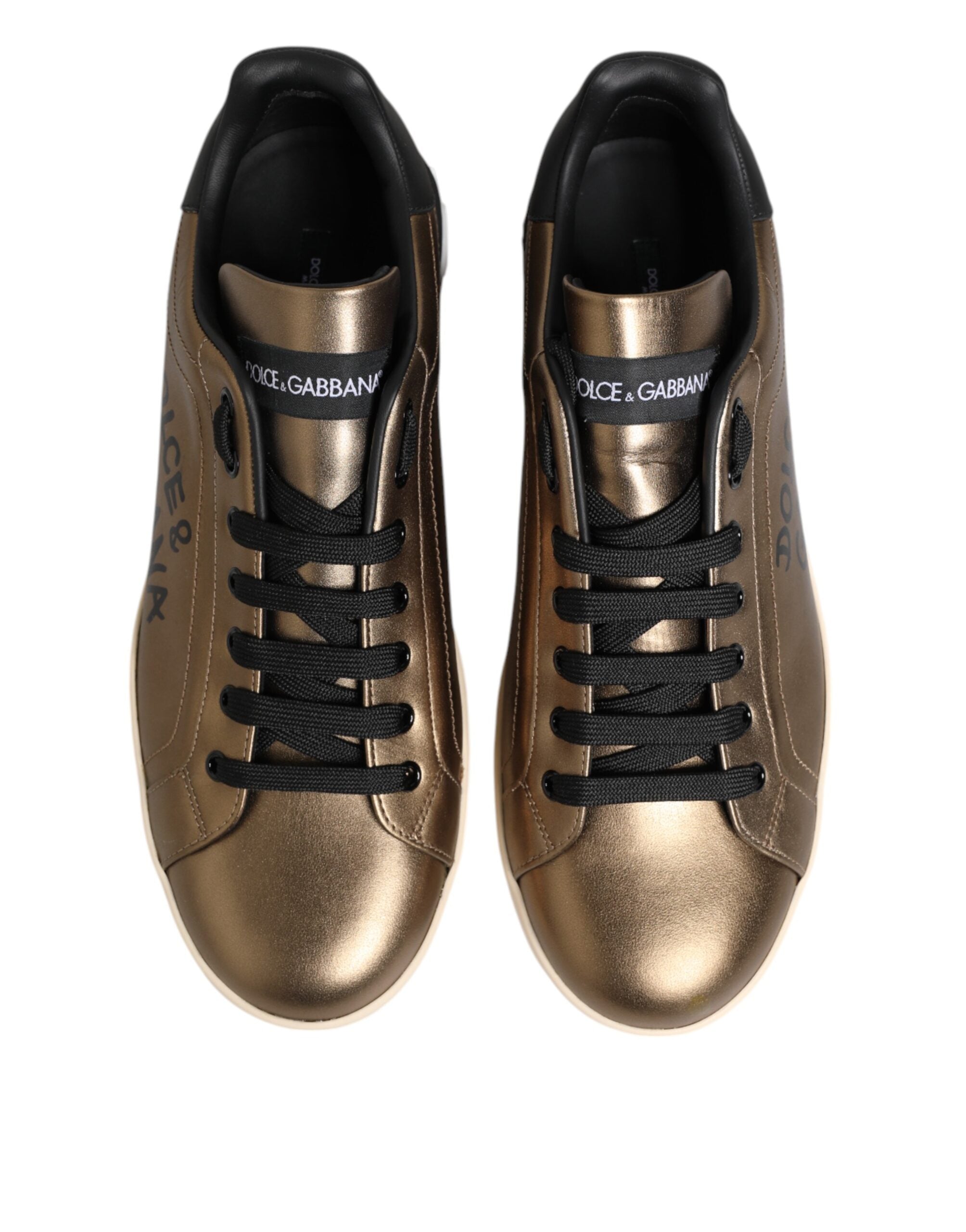 Dolce & Gabbana Gold White Leather Low Top Men Sneakers Shoes