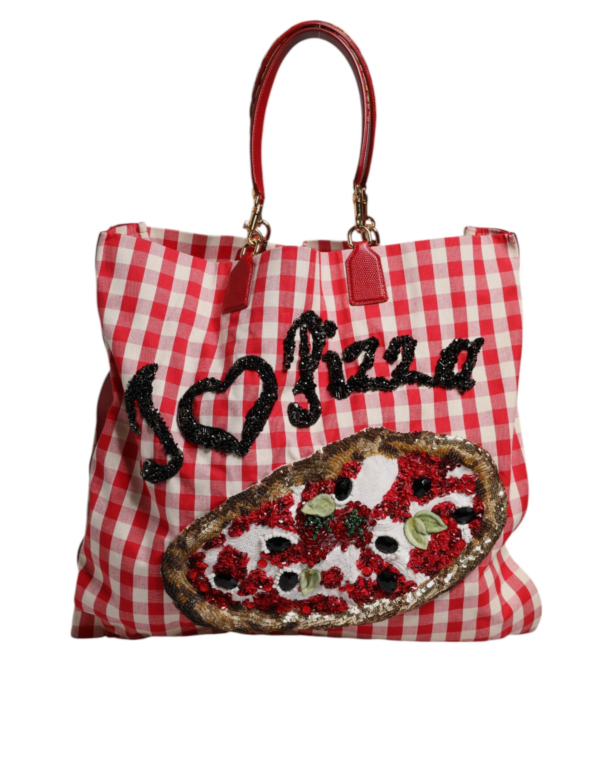 Dolce &amp; Gabbana Red I Love Pizza Rhinestone Embellished Tote Bag