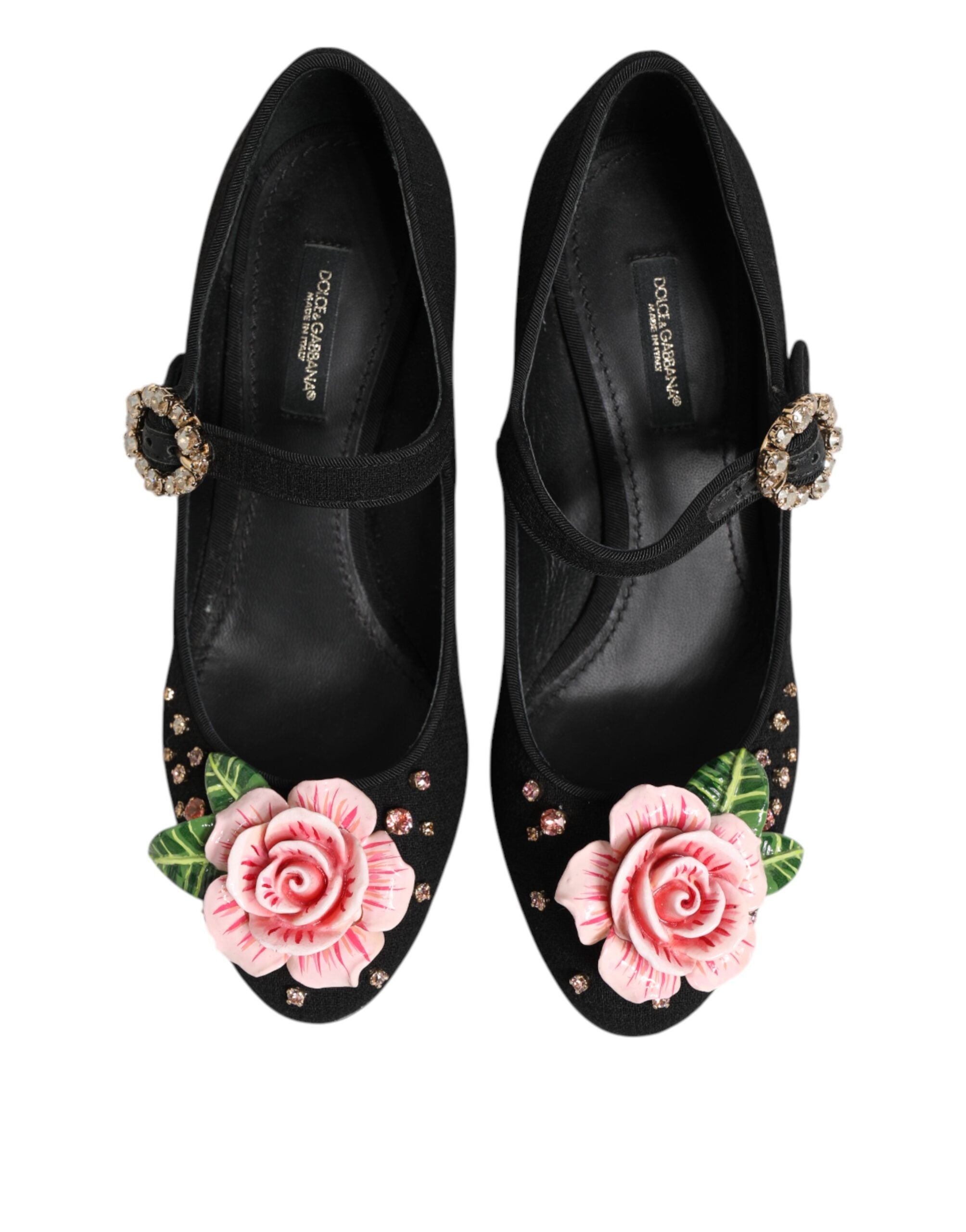 Dolce &amp; Gabbana Black Flower Crystal Embellished Mary Jane Shoes