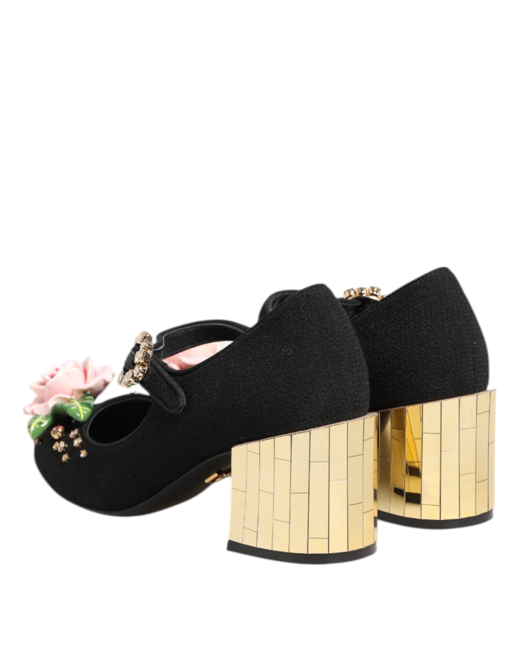 Dolce &amp; Gabbana Black Flower Crystal Embellished Mary Jane Shoes