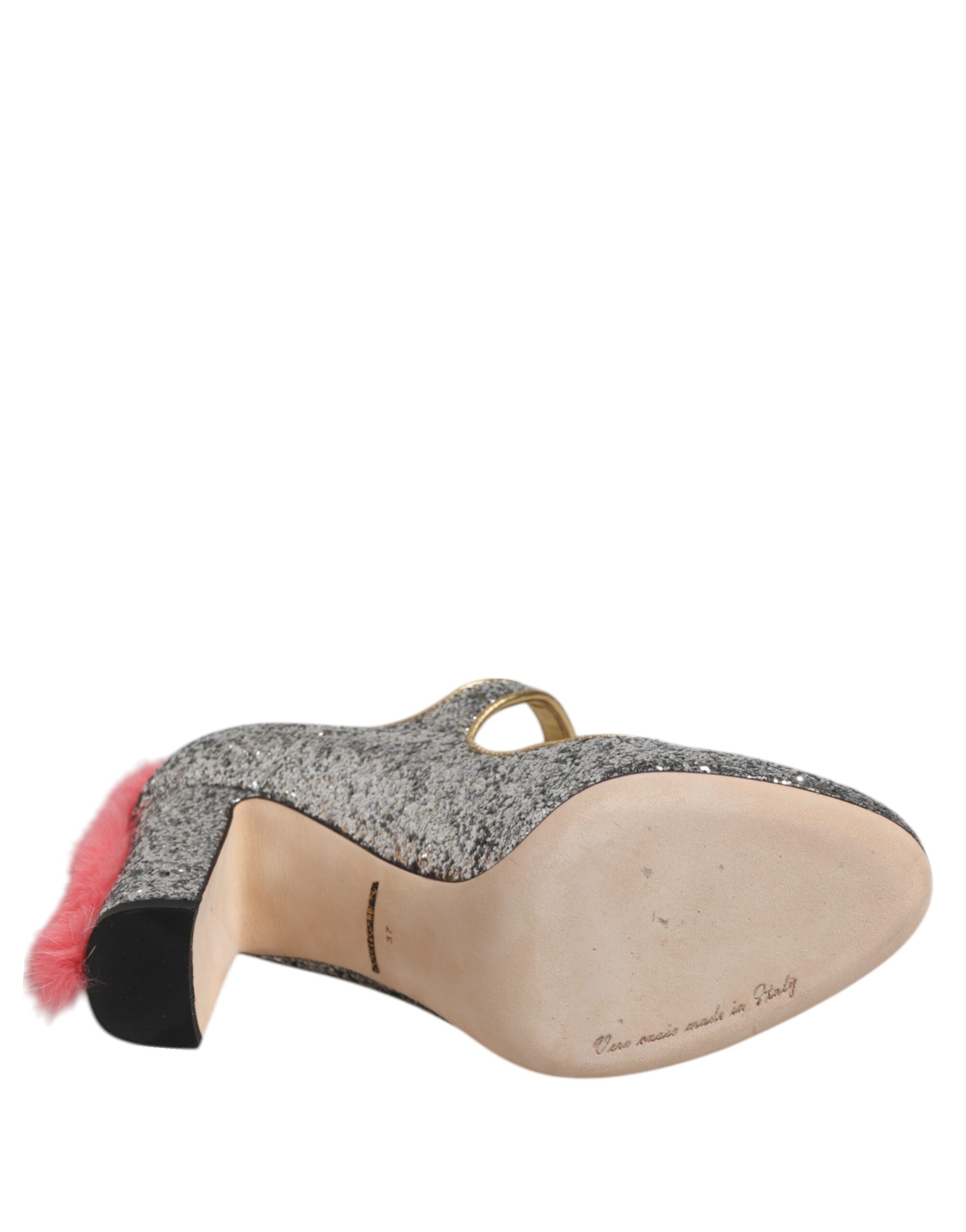 Dolce &amp; Gabbana Silver Glitter Mink Fur VALLY Pump Shoes