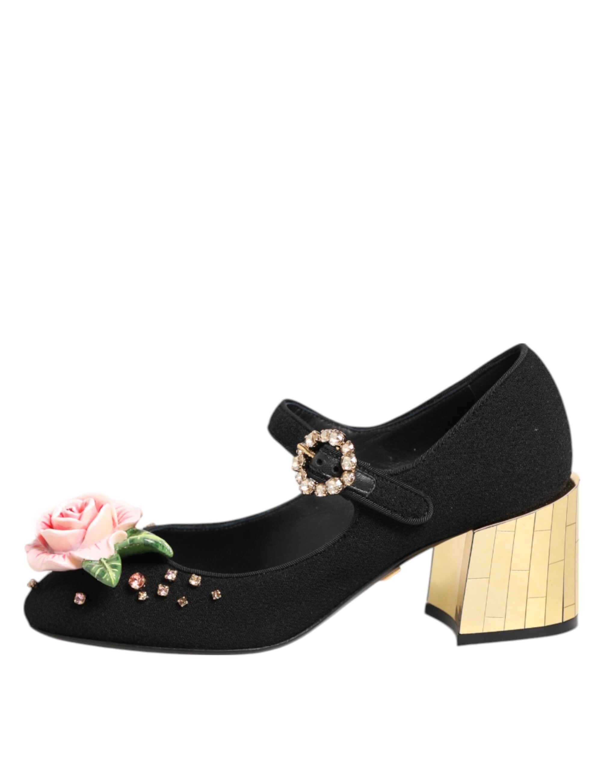 Dolce &amp; Gabbana Black Flower Crystal Embellished Mary Jane Shoes