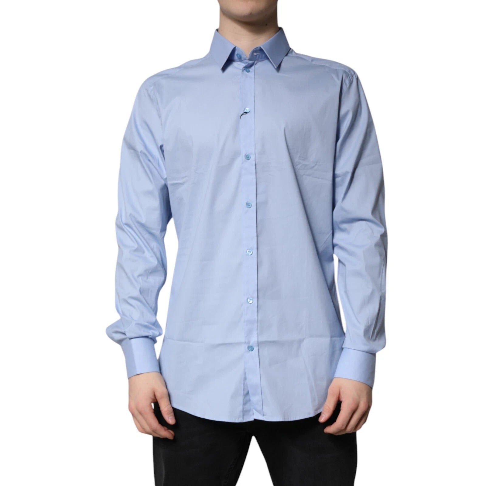 Dolce &amp; Gabbana Light Blue Cotton GOLD Dress Formal Shirt